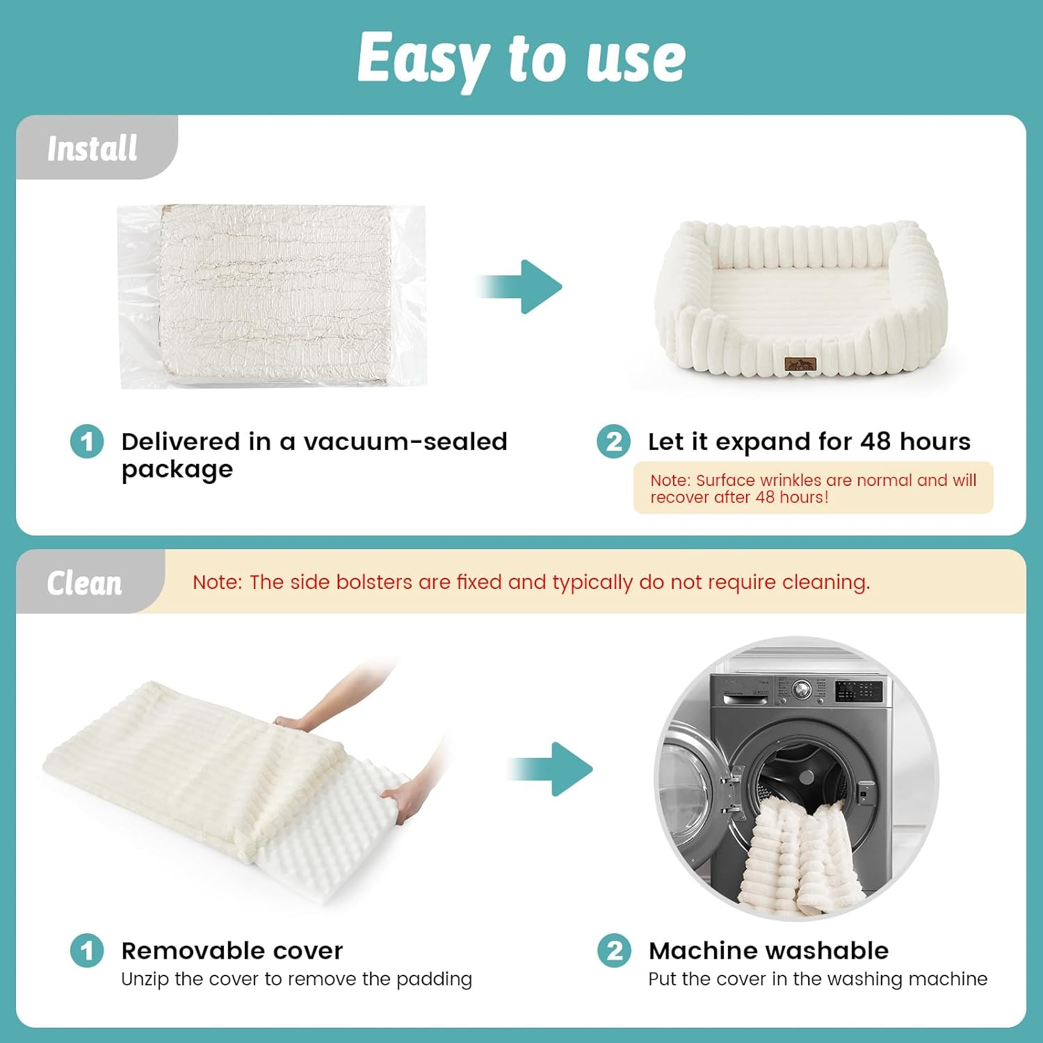 Orthopedic Dog Bed for Small Dogs & Cats - Washable Rectangle Pet Bed with Anti-Slip Bottom, Soft Calming Cat & Puppy Bed for Indoor Pets (64X53X15 Cm, Cream) image number 4