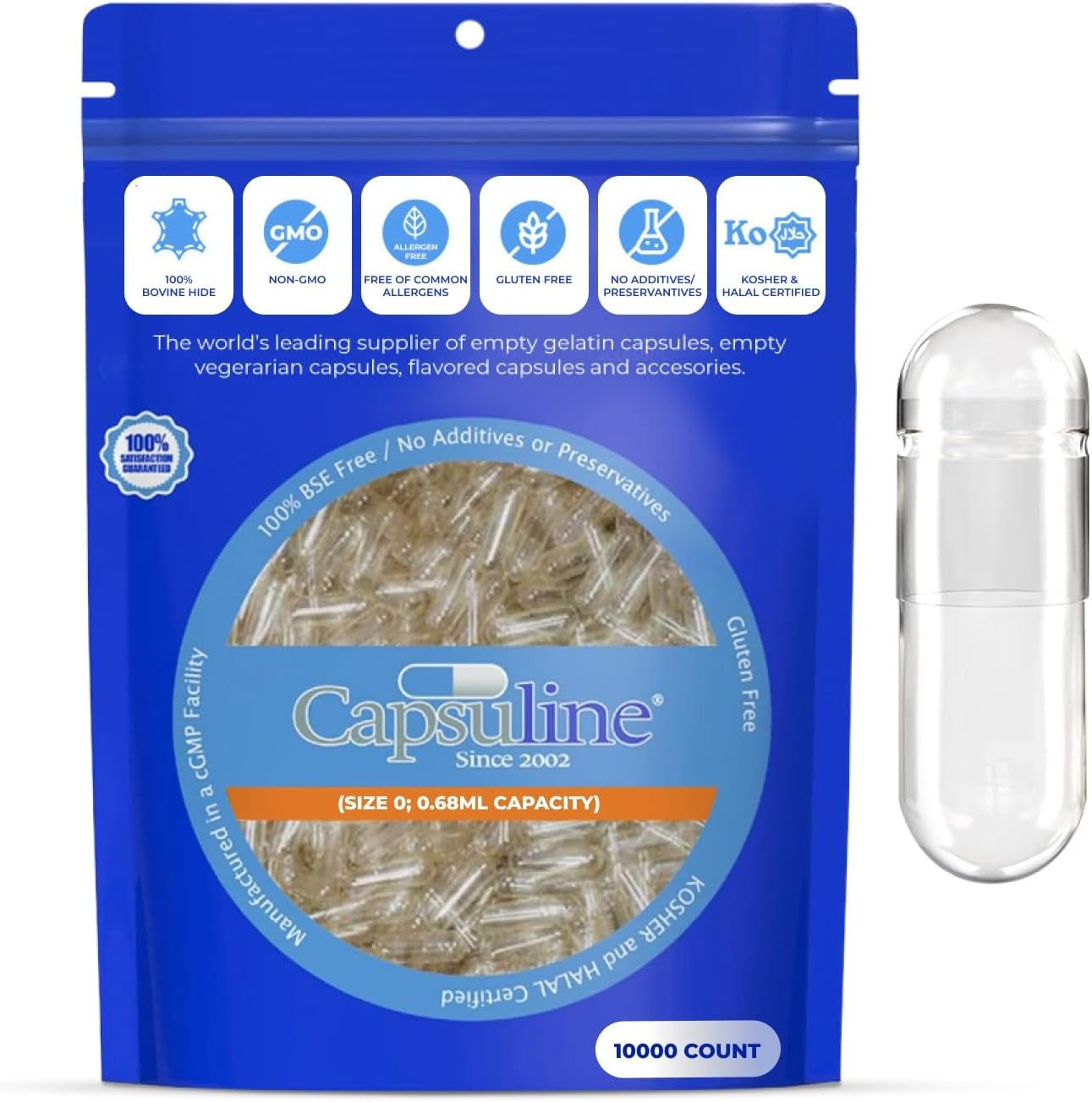 Capsuline Size 0 - Clear Empty Gelatin Capsules - 1000 Count - Empty Gel Pill Capsules - DIY Pure Bovine Pill Capsule Filling - Empty Caps - Kosher, Gluten Free and Halal Certified - Non-Gmo Certified (Clear) image number 5