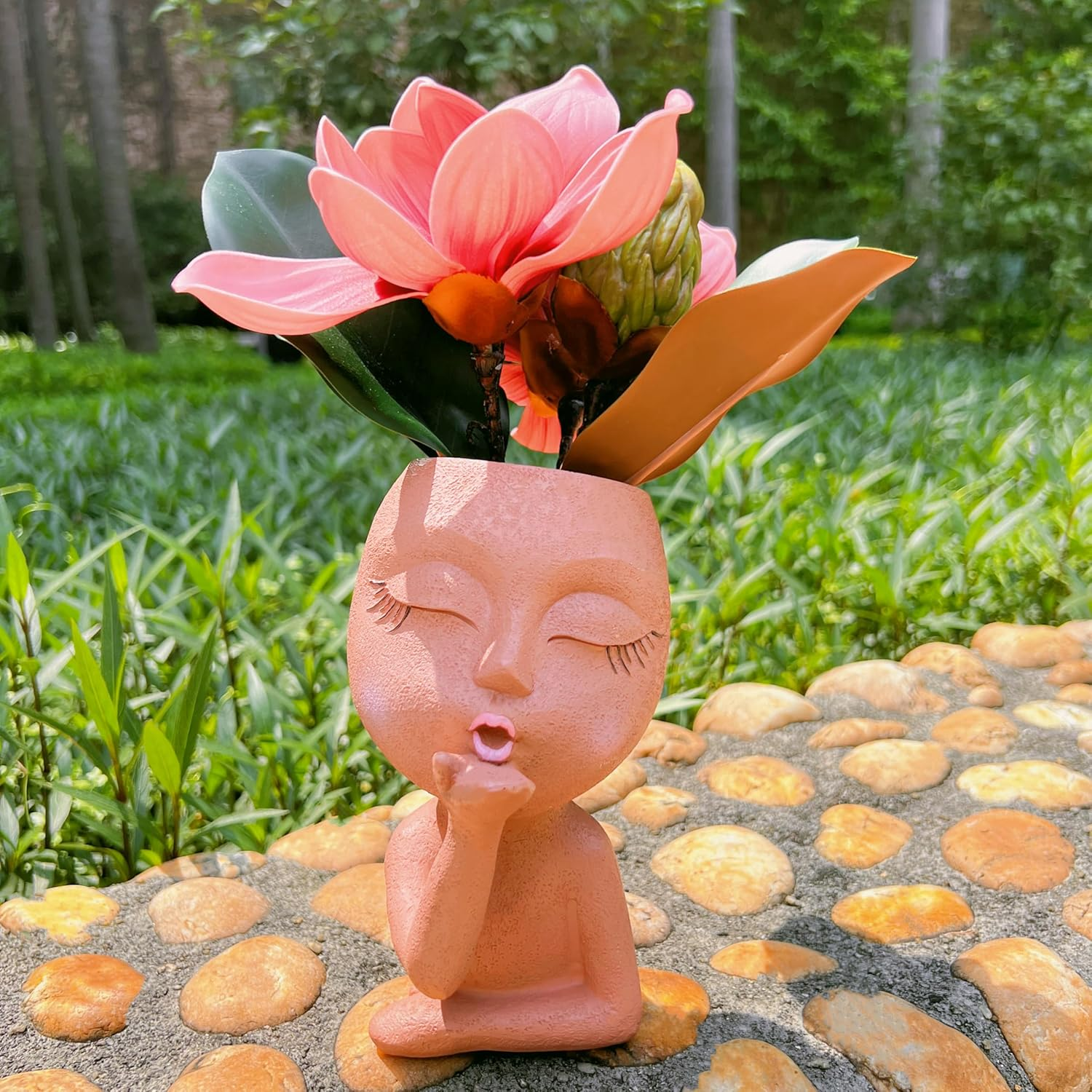 Eylbkey Brown Resin Handcrafted Cute Flower Pot, Suitable for Indoor and Outdoor Use, with Drain Hole and Anti-Friction Pads - White image number 3