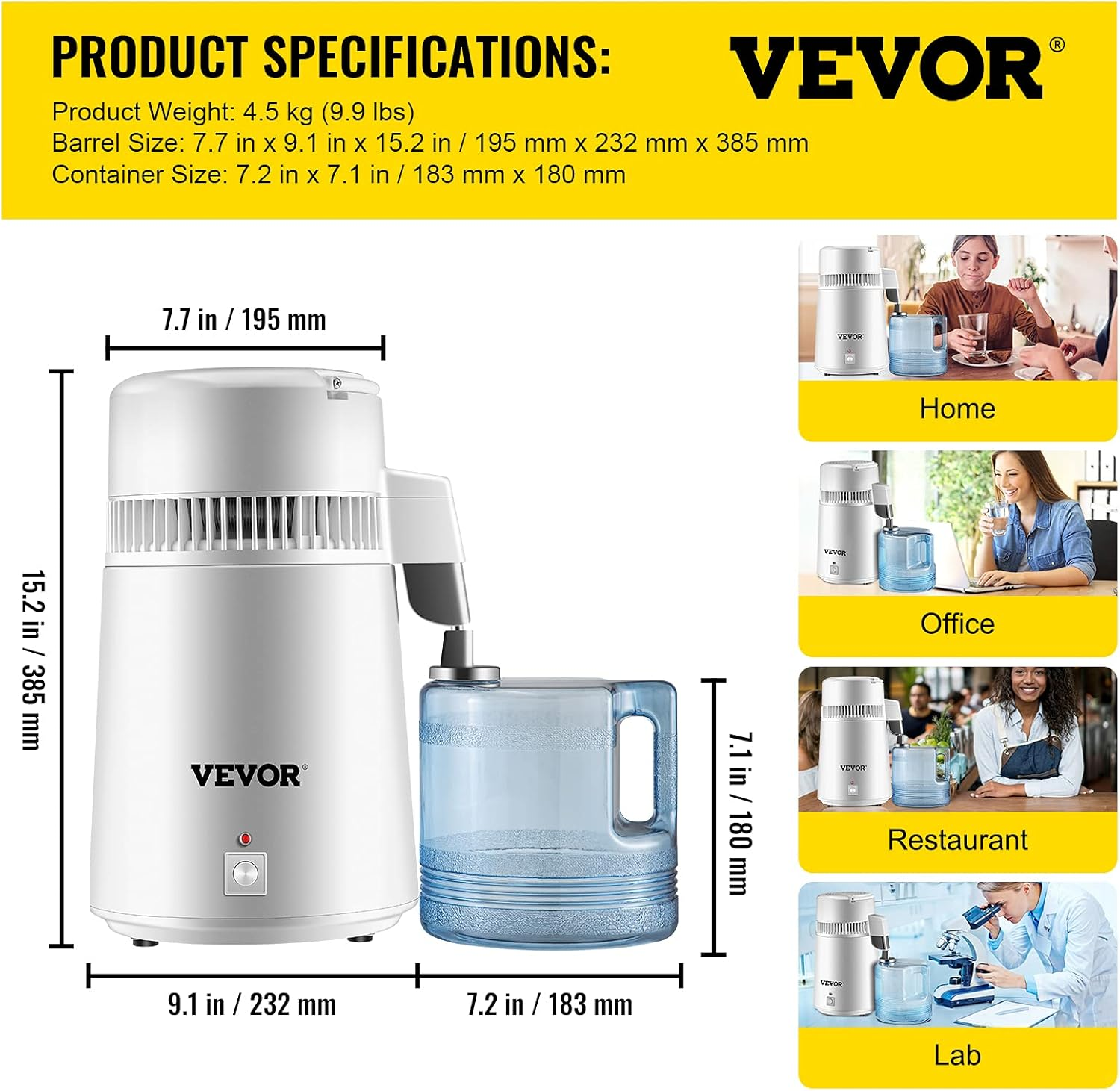 VEVOR Pure Water Distiller 4L Stainless Steel Inner Water Distillation 750W Water Purifier Filter Water Distillers Machine with Collection Bottle for Offices Homes, White