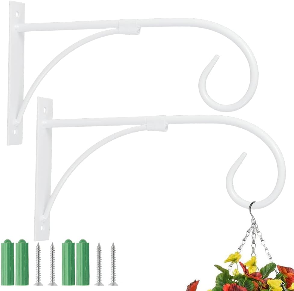 2 Pcs Hanging Basket Holder Flower Hook, Hanging Plant Hooks, Iron Art Garden Wall Hook, Plants Bracket, Outdoor Plants Hanger for Plant Flower Pots Lanterns Bird Feeders (White)