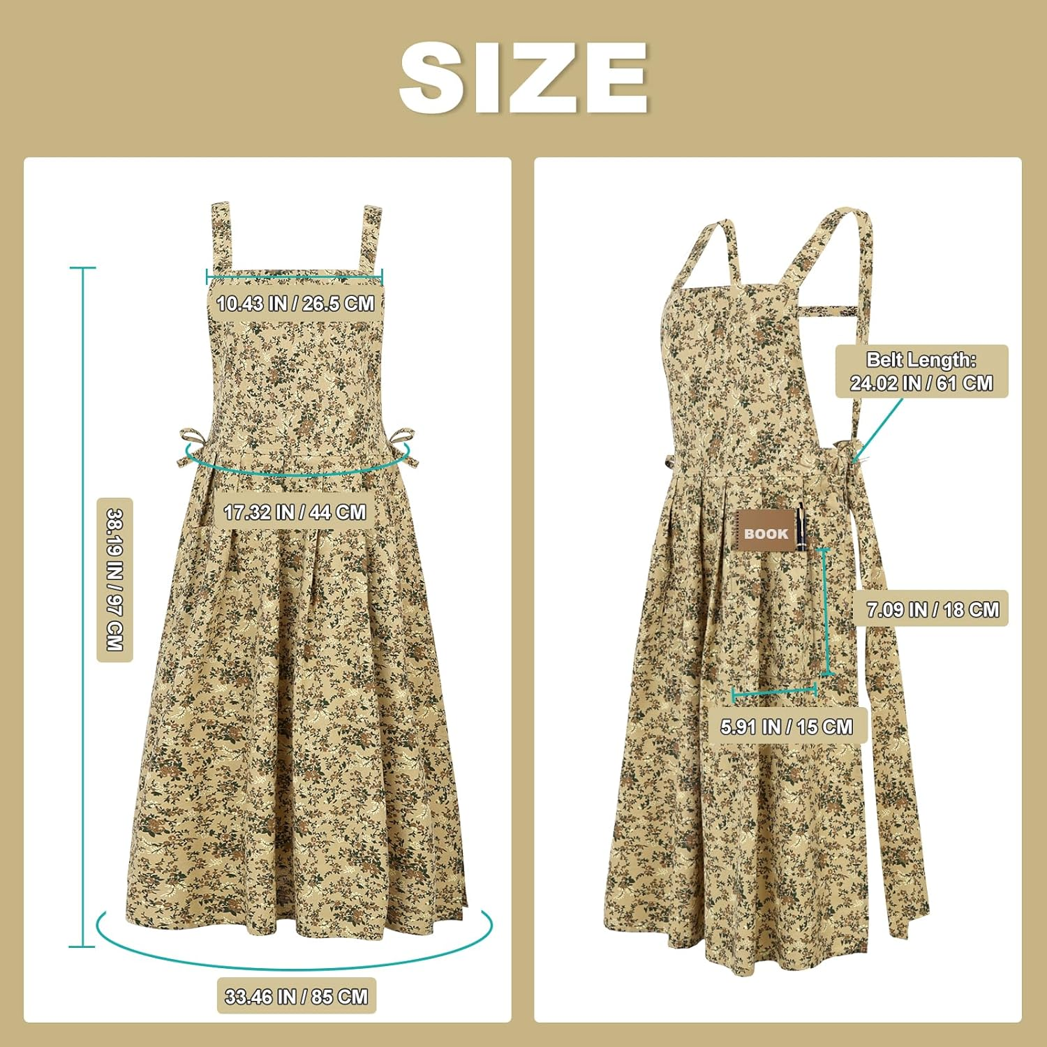 Surblue Cotton Aprons for Women Japanese Style Waterproof Cute Kitchen Aprons with Pockets Pinafore Dress for Painting Cleaning Cooking Gardening - Beige image number 2