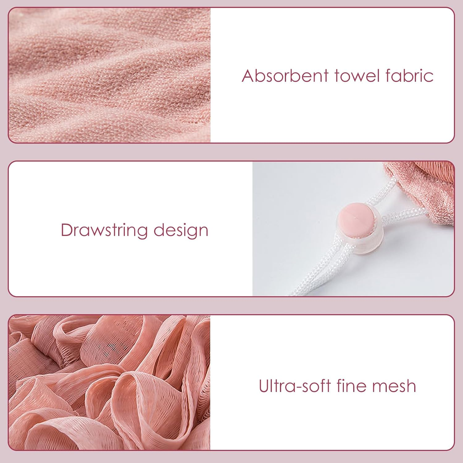 Reignsword 3 Pack 2-In-1 Washcloth Loofah Combo, Exfoliation Bath Loofah Sponge with Drawstring, Mesh Shower Ball for Body Wash and Cleanse Skin (Khaki+Brown+Pink) image number 3