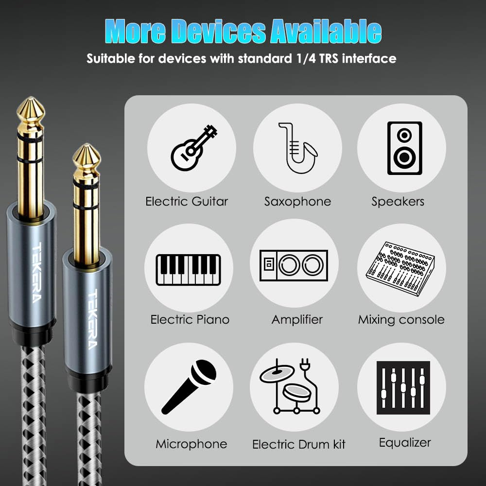 Guitar Cable, TEKERA Balance 6.35Mm TRS 1/4 Inch Cable, Stereo Quarter Inch TRS Male Cable 0.5M 1M 2M 3M 5M 10M (2M)