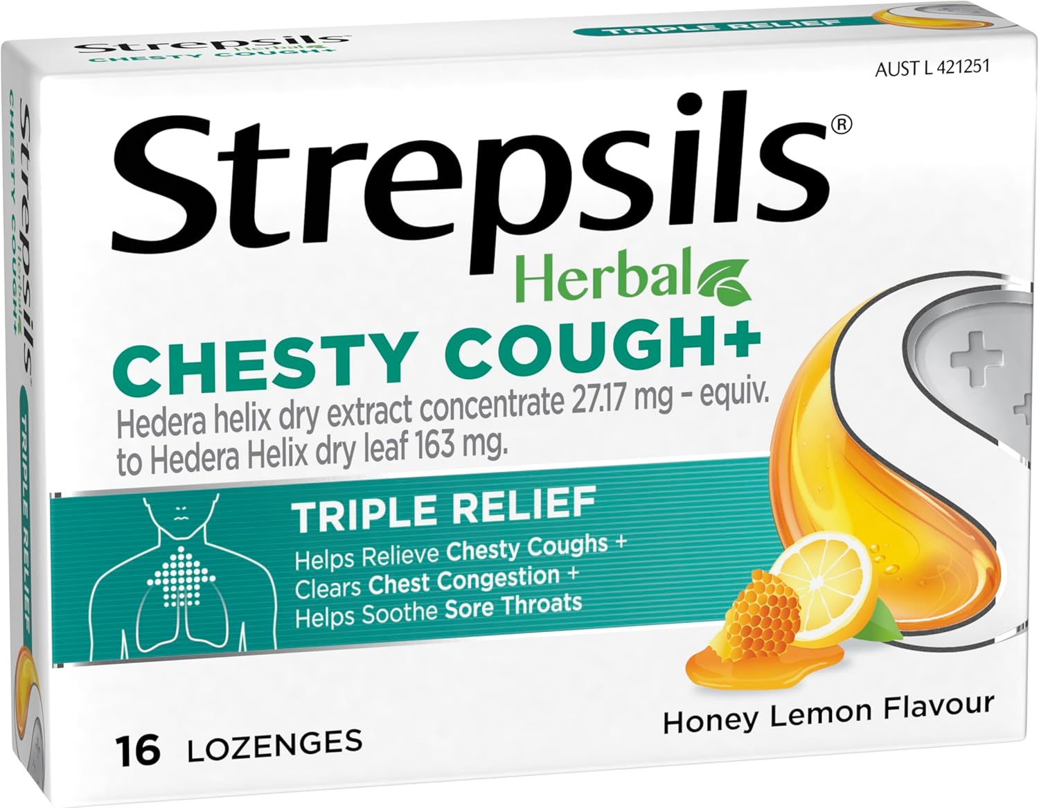 Strepsils Herbal Chesty Cough+ Triple Relief Honey Lemon Lozenges (Pack of 16) image number 3