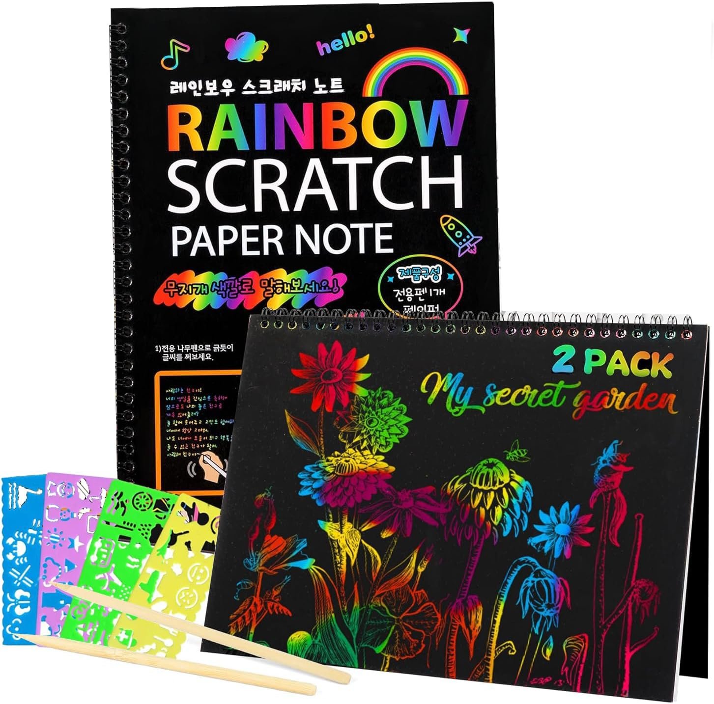 Sunbilien Rainbow Scratch Art Paper for Kids, 2 Pack Scratch Paper Notebooks Set W/ 6 Stencils 2 Wooden Styluses for Drawing Doodling Painting - DIY Arts and Crafts Easter Christmas Birthday Kids Adults image number 3