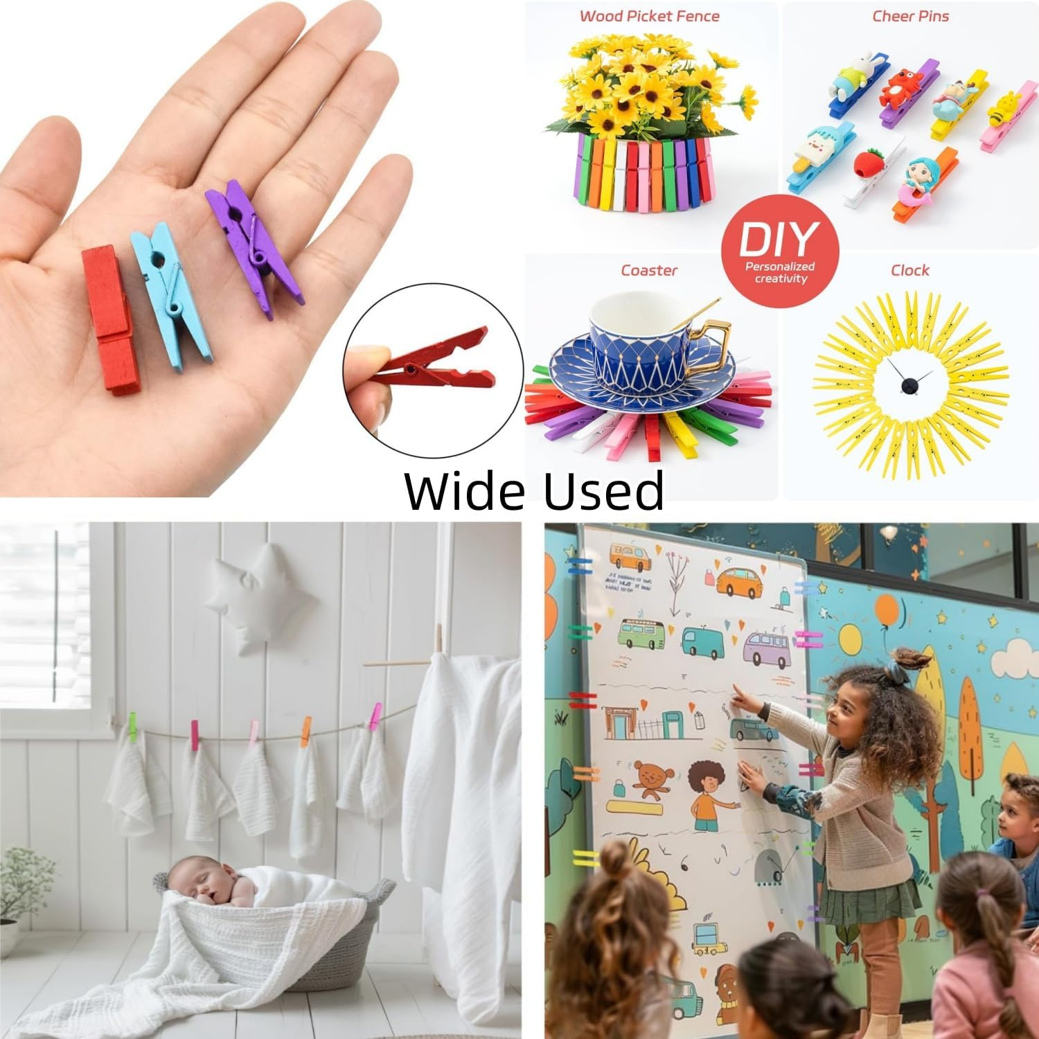 100 Pcs Wooden Photo Clips, Colorful Natural Wooden Clothes Pins, Mini Wooden Pegs Clips for Hanging Photos Peg Paper, Craft DIY Wall Decoration (Rainbow Colors) image number 2