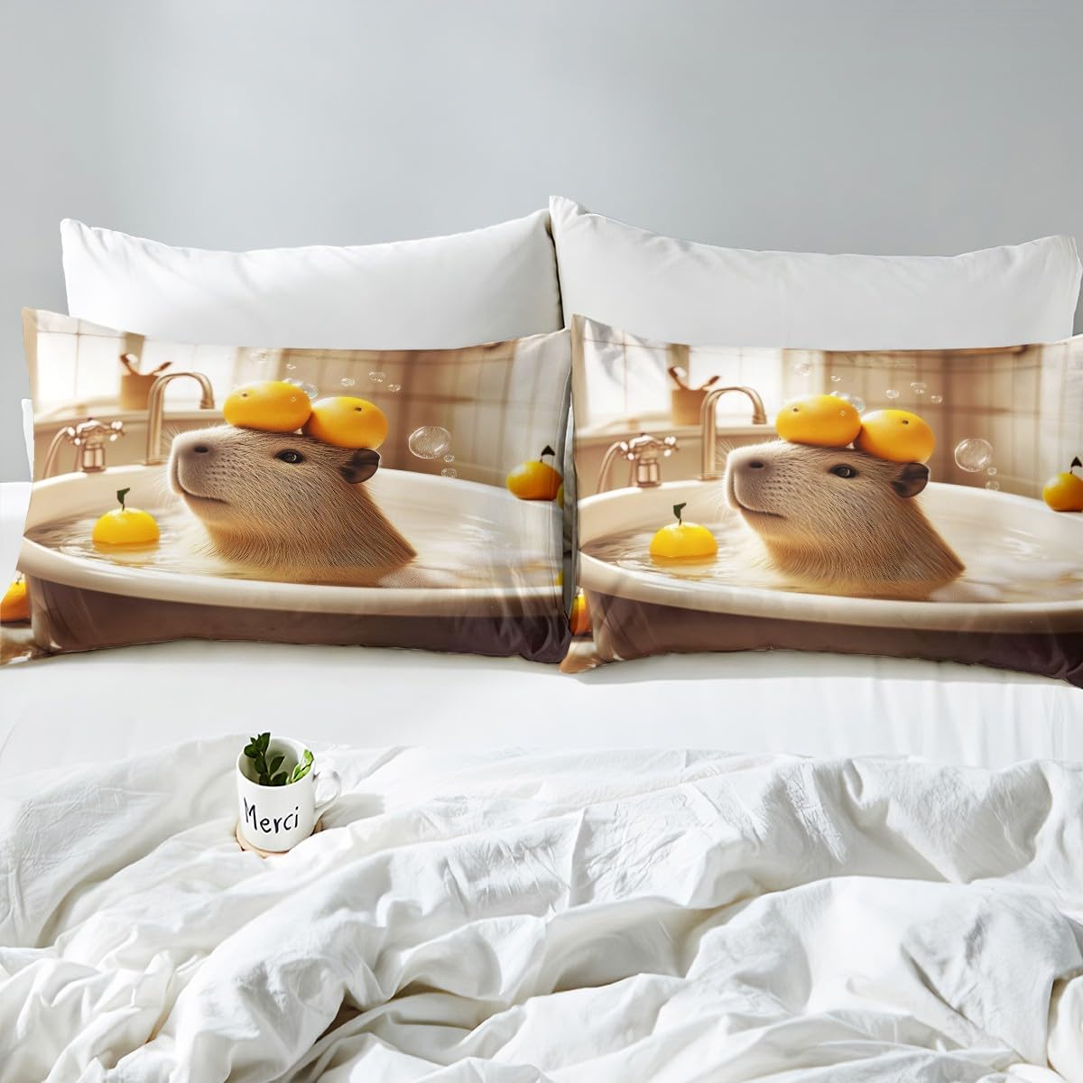 Homewish Capybara Duvet Cover 135 X 200 Cm, Cute Animal Bedding Set, Beautiful Pet Capybara Comforter Cover for Children, Boys, Girls, Children, Soft Microfibre Bed Set with 1 Pillowcase - Brown image number 3