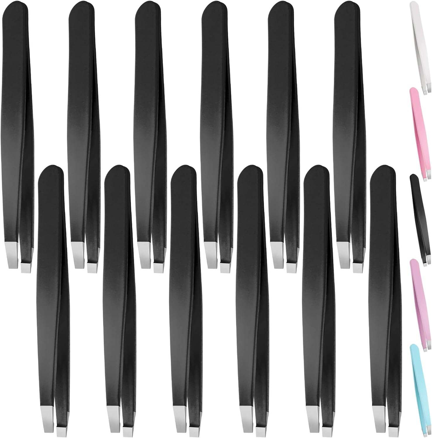 Swpeet 4Pcs 3.79 Inches Multi-Color Eyebrow Tweezers Stainless Steel Tweezers Kit with Leather Travel Case, Professional Slant Pointed Precision Tweezers Great Precision for Eyebrows Facial Hair
