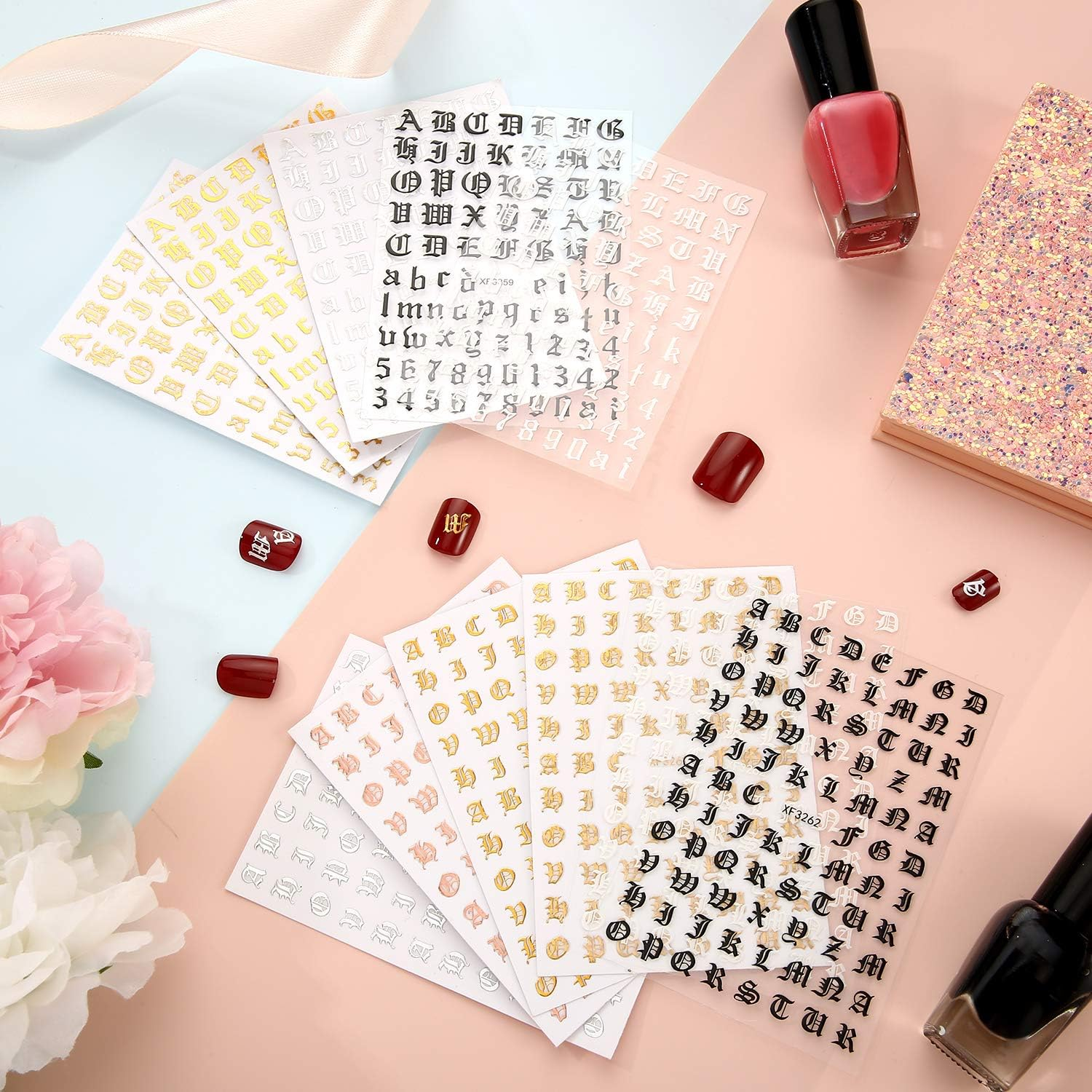 Maitys 24 Sheets Letters for Nails Old English Nail Stickers 3D Holographic Letter Self-Adhesive Gold Old English Alphabet Nail Decals for DIY Women(Classic Colors) image number 1