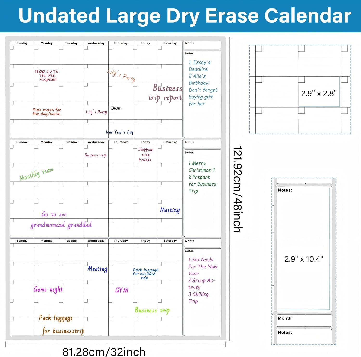 Large Dry Erase Calendar - Undated 3 Monthly Wall Calendar Laminated, 48" X 32", Blank Reusable Calendar Planner with Large Daily Boxes, Notes, Stickers, Great for Home, Office, Classroom, Grey image number 3