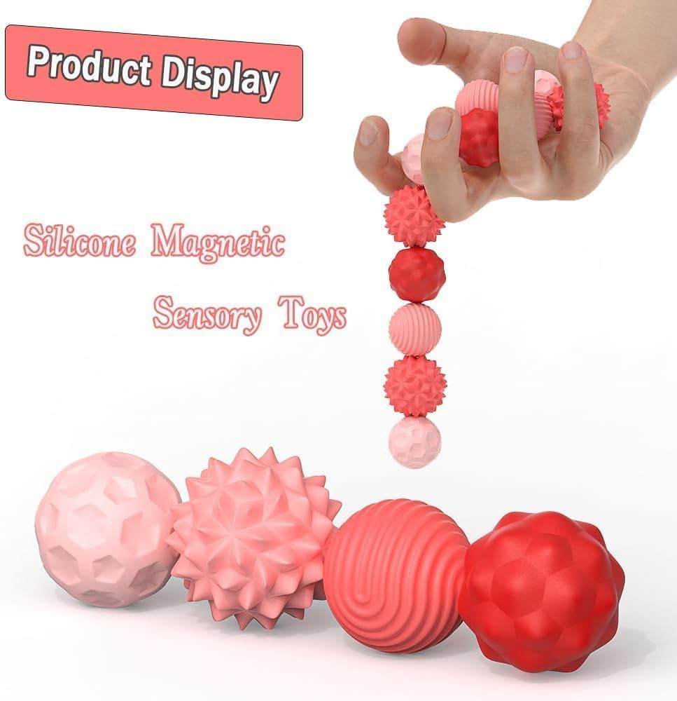 Magnetic Sensory Fidget Ball Toy, Anti-Stress Silicone Ball Toy 8 PCS, Motor Skills Toy with Multi Texture, Peace of Hands and Anxiety Mind, Fun Stress Free Magnet Balls, for Adults and Teens (Pink) image number 3