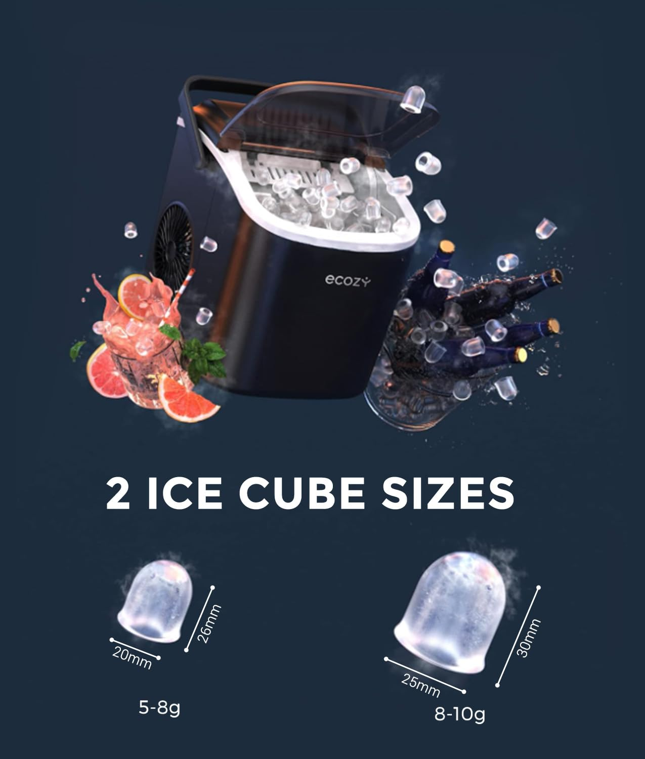 Ecozy Ice Maker Machine, Portable Ice Machine, 9 Ice Cubes in 6 Mins, 12KG in 24Hrs, 2 Sizes of Ice, Self-Cleaning Ice Cube Maker, Countertop Ice Maker for Home/Office/Kitchen/Bar