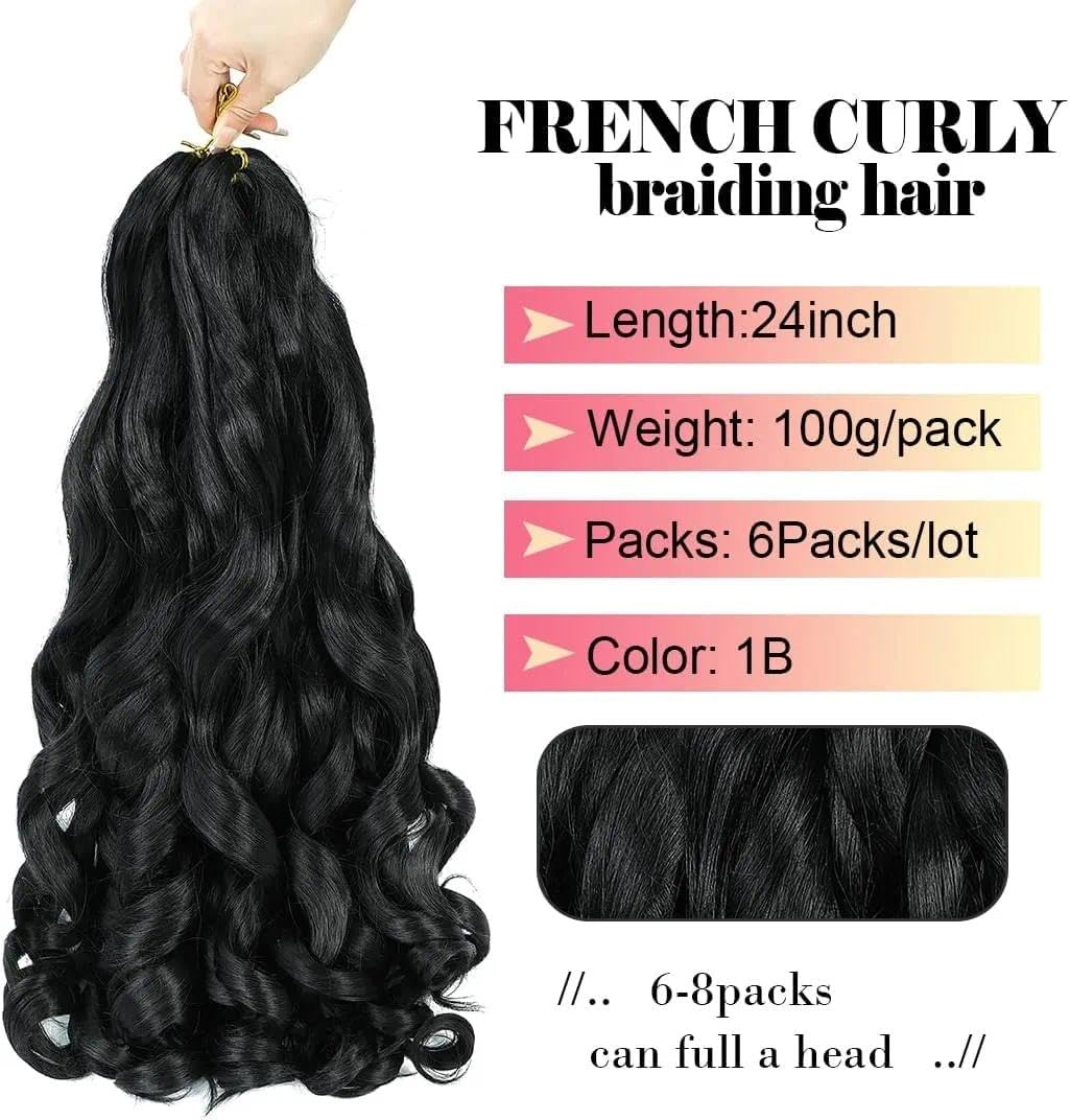 French Curl Braiding Hair 24 Inch Pre-Stretched 6 Packs Lightweight Black Curly Braiding Hair for Styling and Braiding, Easy to Install, Perfect for Box Braids & Locs（Black) &ndash; Ruibex image number 4