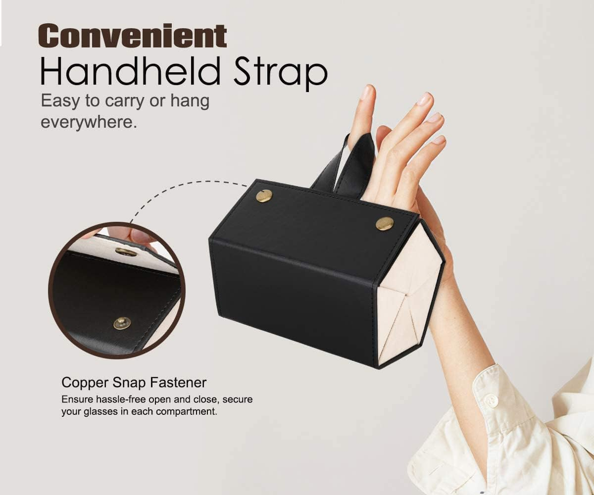 Glasses Organiser, Travel Foldable Sunglasses Storage Organizer for Multiple Glasses Case 5 Slots PU Leather Portable Eyeglasses Storage Box Hanging Eyewear Holder for Women and Men