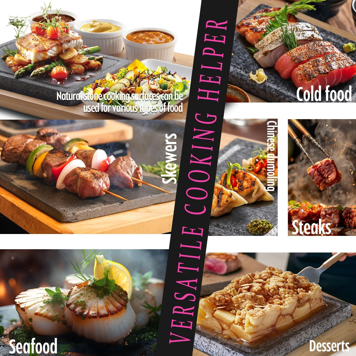 Artestia Volcanic Lava Rock Cooking Stones for Steak - 2-Piece 8.46&times;6.49In Stone with 1 Bamboo Tray, 3 Sauces Bowls, Grill & BBQ Hot Stones for Indoor Outdoor Use - Upgraded Version image number 1