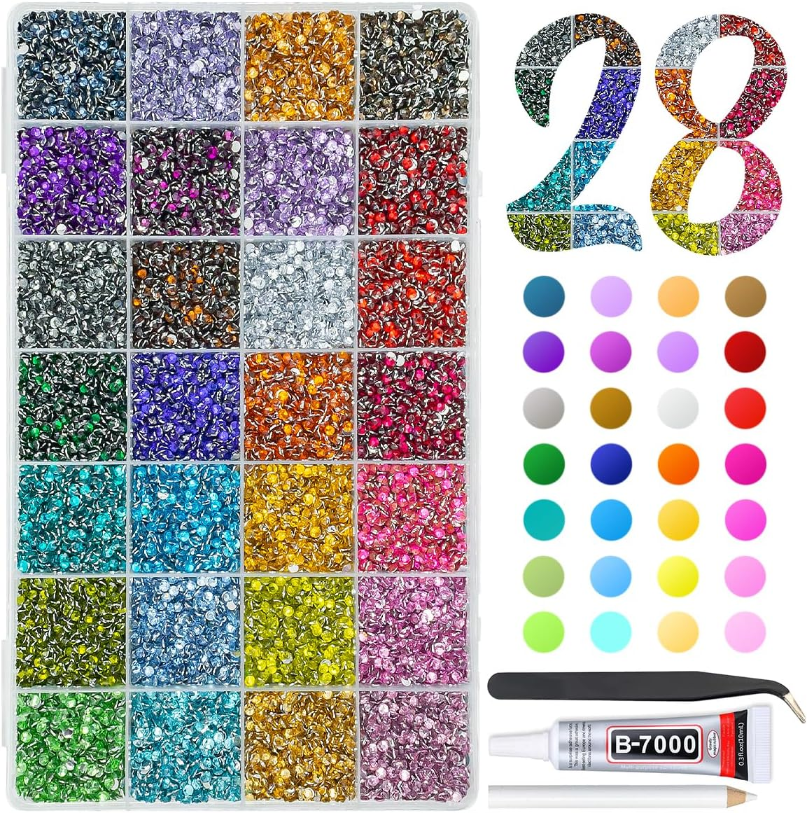 28 Color 3Mm Jelly Resin Rhinestones W B7000 Jewelry Glue for Bedazzling Crafting Flatback Stones No-Hotfix Colorful AB Gems Diamonds Charms for Nails Eyes Face Makeup Tumblers DIY Crafts Shoes