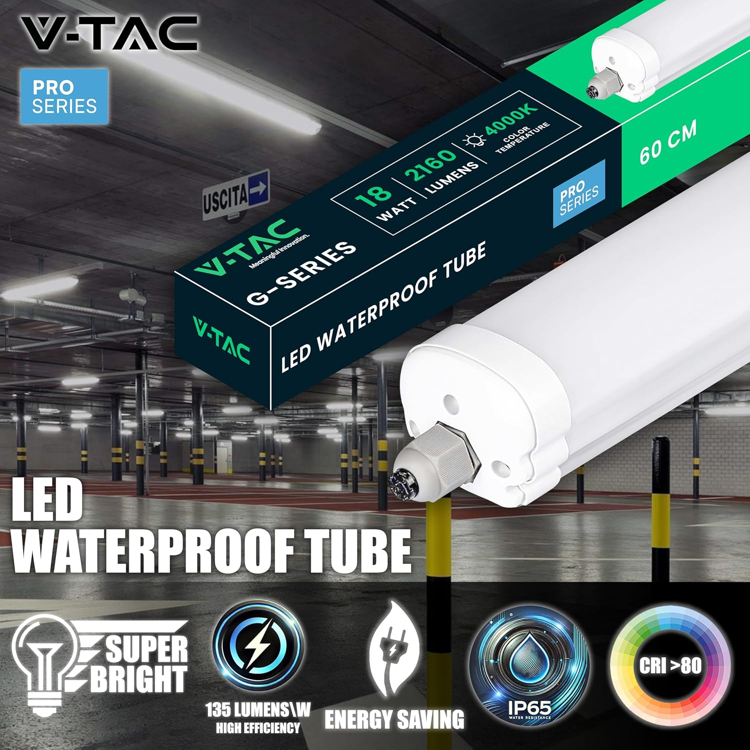 V-TAC Pro Series Waterproof LED Strip 60 Cm &ndash; 18 W &ndash; High Brightness &ndash; Rectangular Ceiling Light 2160 Lumen IP65 for Ceiling, Garage, Shop, LED Tube &ndash; Light 4000 K Neutral White image number 6