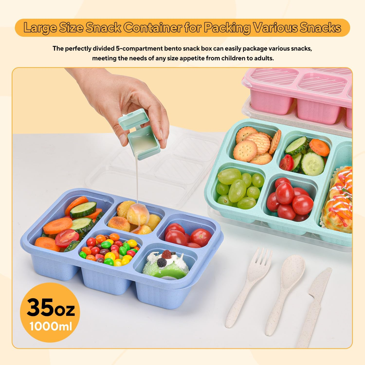 4 Pack Bento Snack Box, 5 Compartment Lunchable Snack Containers, Stackable Bento Lunch Boxes for Kids & Adults, Reusable Wheat Straw Meal Prep Lunch Containers for School，Work and Travel image number 4