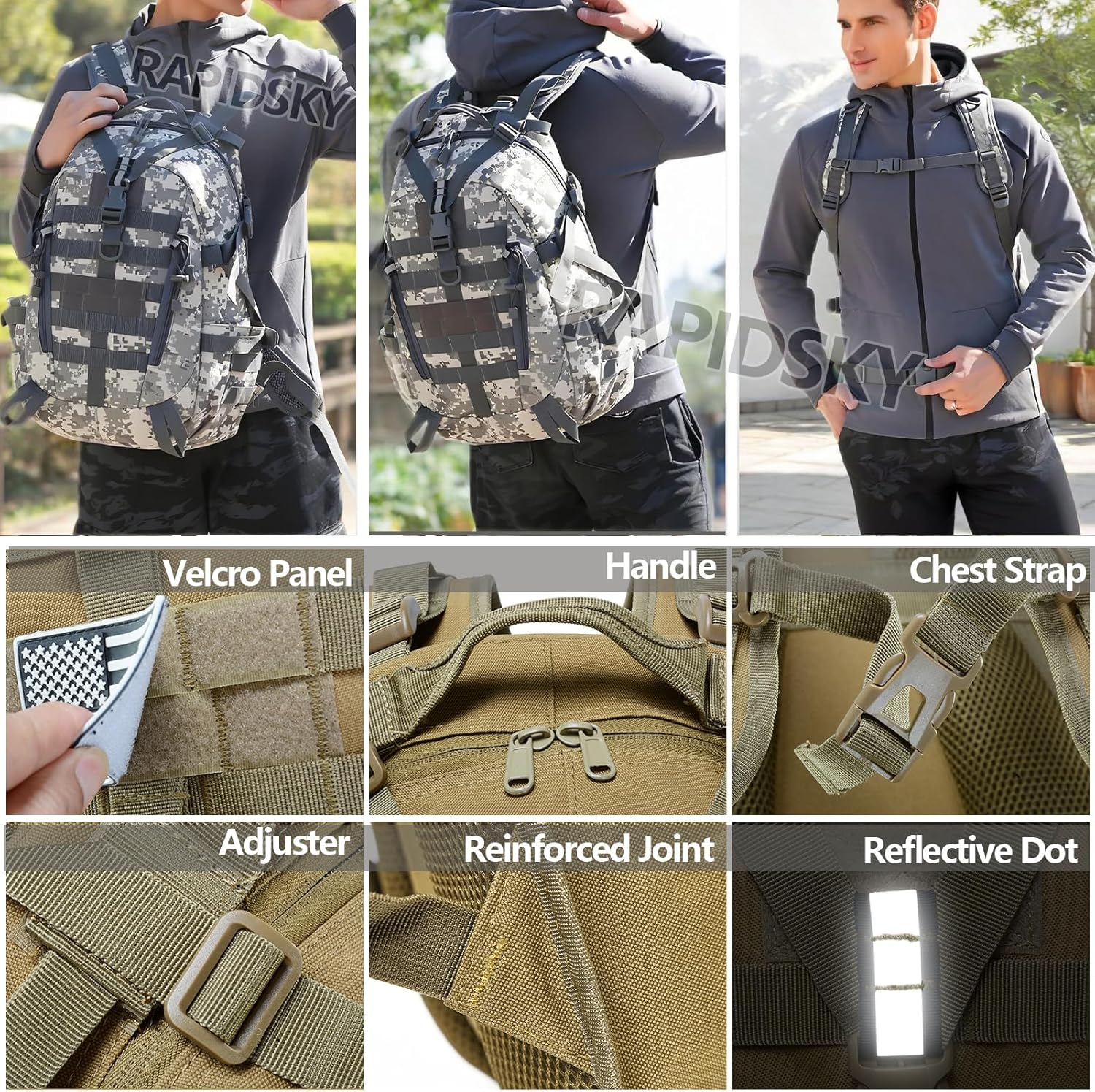 RAPIDSKY 38L Tactical Backpack, Waterproof Hiking Assault Pack with MOLLE System & Multi-Compartment Daypack for Cycling, Camping, Outdoor Adventures image number 3