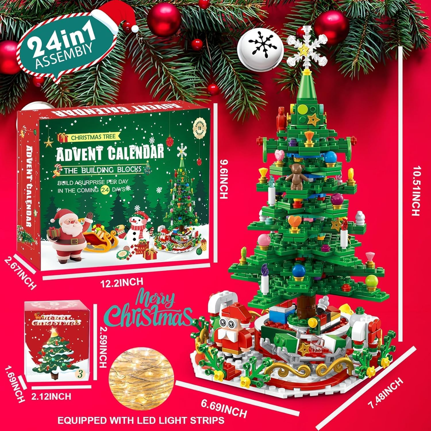 2025 Advent Calendar &ndash; 24 Days Building Blocks Kits,Christmas Tree Building Set with LED Light, 24 Days Countdown Calendar Creative Building Blocks for Adults Kids Teens, Fun Xmas Gift image number 3