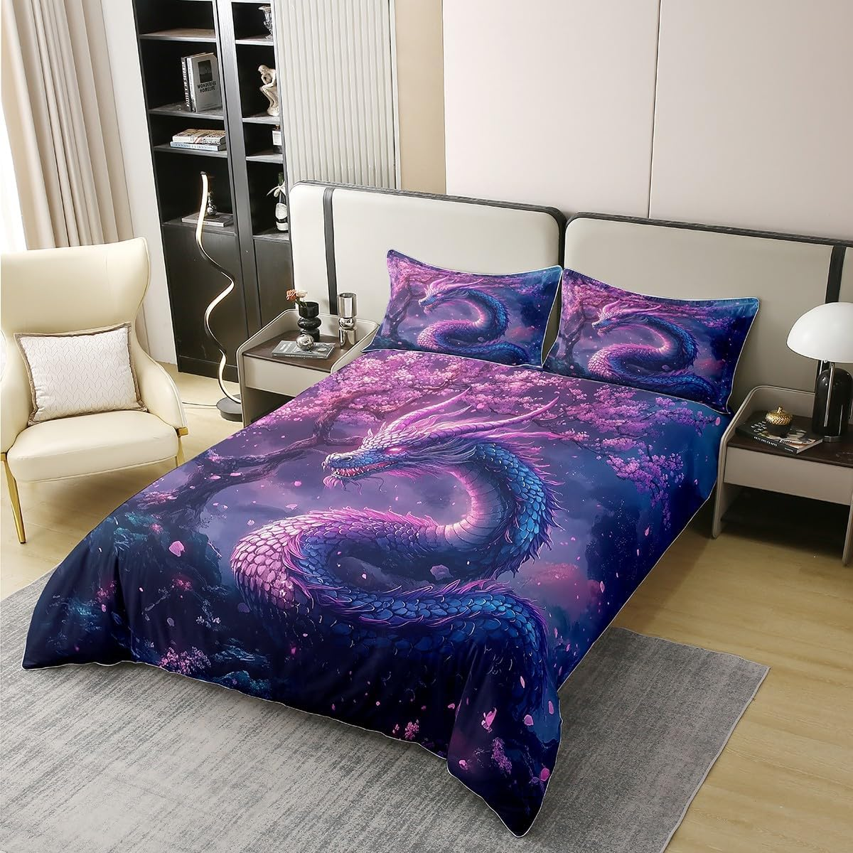 3D Dragon 100% Cotton Duvet Cover, 135 X 200 Cm, Decor, Magic Fantasy Animal Bed Linen Set for Children, Teens, Adults, Japanese Floral Comforter Cover, Dreamlike Galaxy Sky Bed Set with 1 Pillowcase image number 5