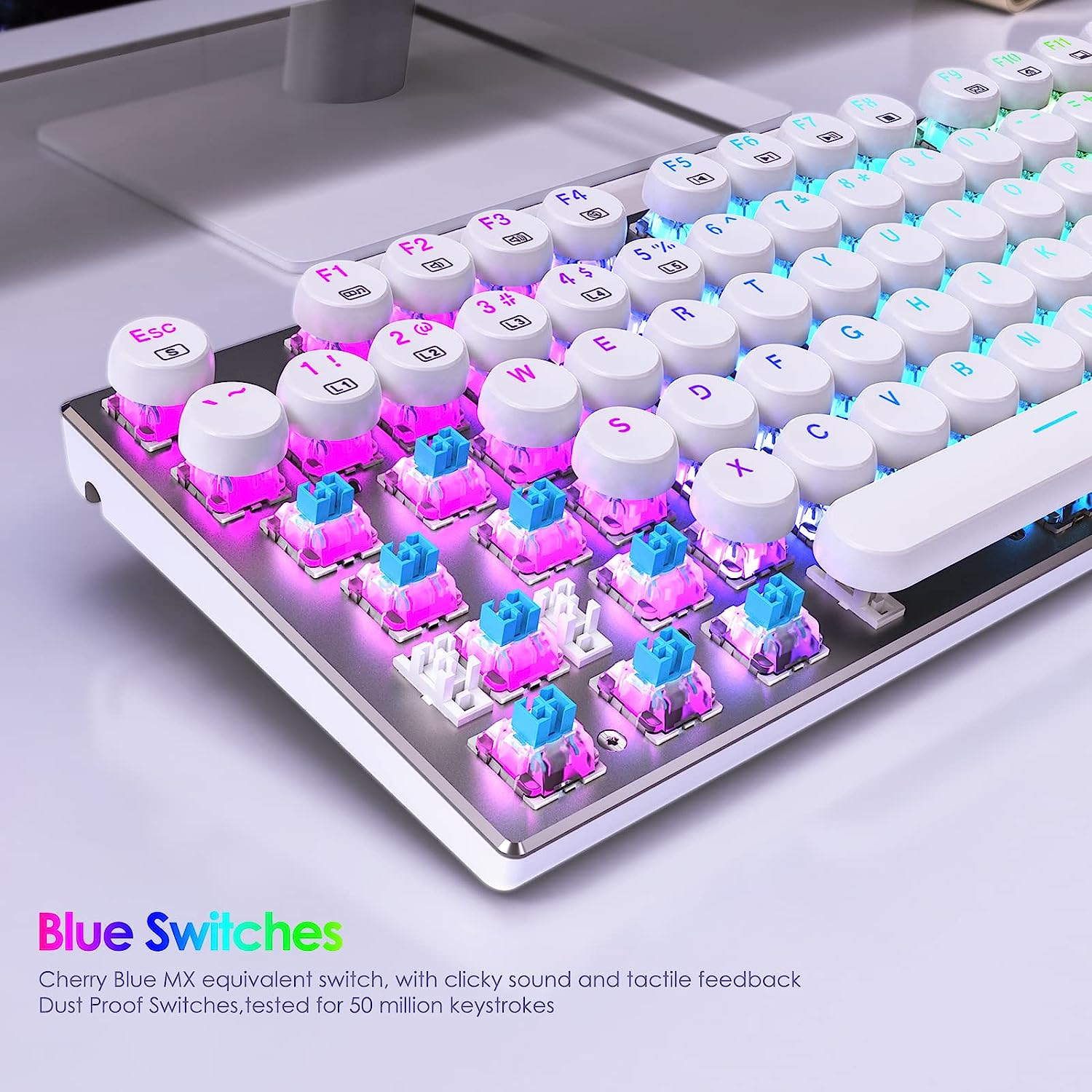HUO JI Z-88 Retro Mechanical Gaming Keyboard, Programmable RGB Backlit, Blue Switch -Tactile & Clicky, Typewriter Style, Water Resistant 104 Keys Anti-Ghosting for Mac PC, White image number 6