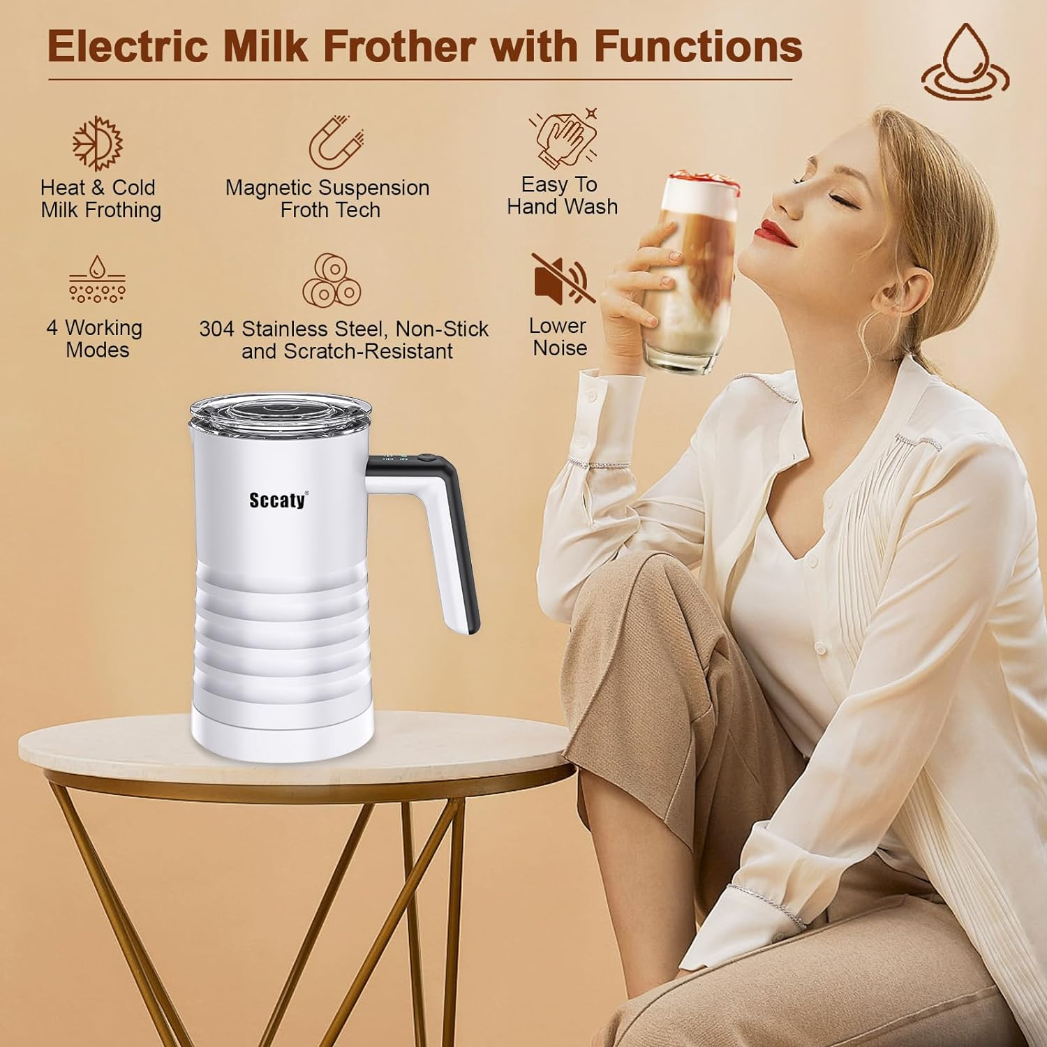 Electric Milk Frother, Milk Foam Maker, Milk Steamer, 4-In-1 Milk Frothers, Milk Warmer, up to 350Ml, 304 Stainless Steel, Non-Stick Coat, Scratch, Magnetic Suspension Stir, Lower Sound, Easy to Wash.