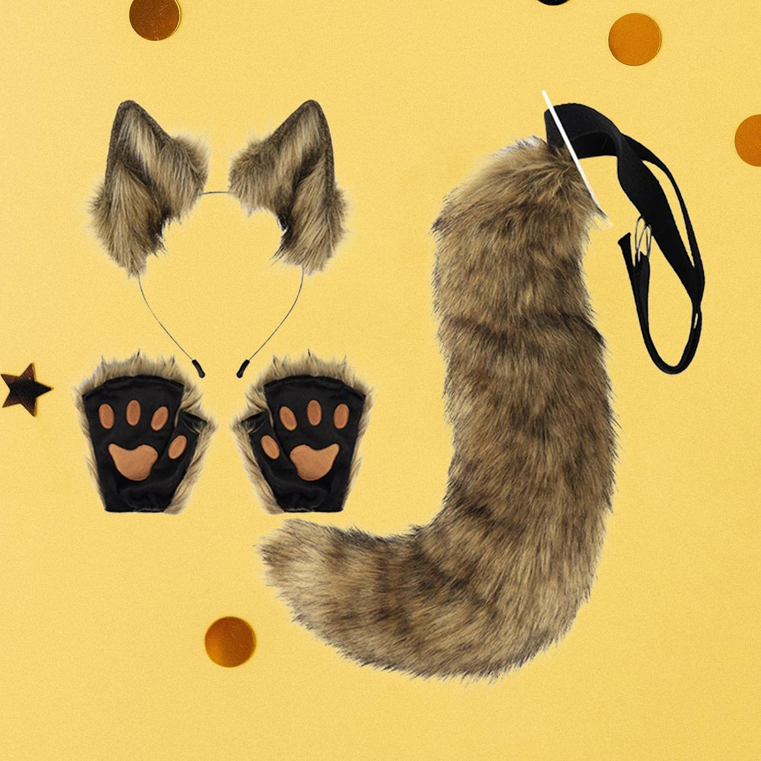 Fox Ears and Tail Set Plush Wolf Ears Hair Clip with Gloves, Plush Costume for Kids Adults Hair Hoop for Prom, Dance, Funny Gifts Dress Up, Coffee - Coffee image number 4