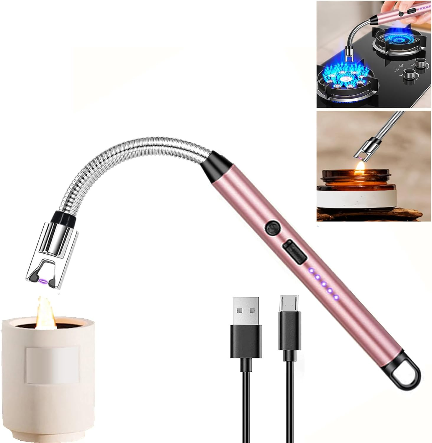 Electric Plasma Candle Lighter Arc Windproof USB Lighter with 360&deg; Flexible Neck, Rechargeable Lighter with Safety Lock for Candle BBQ Camping Stove (Gold)