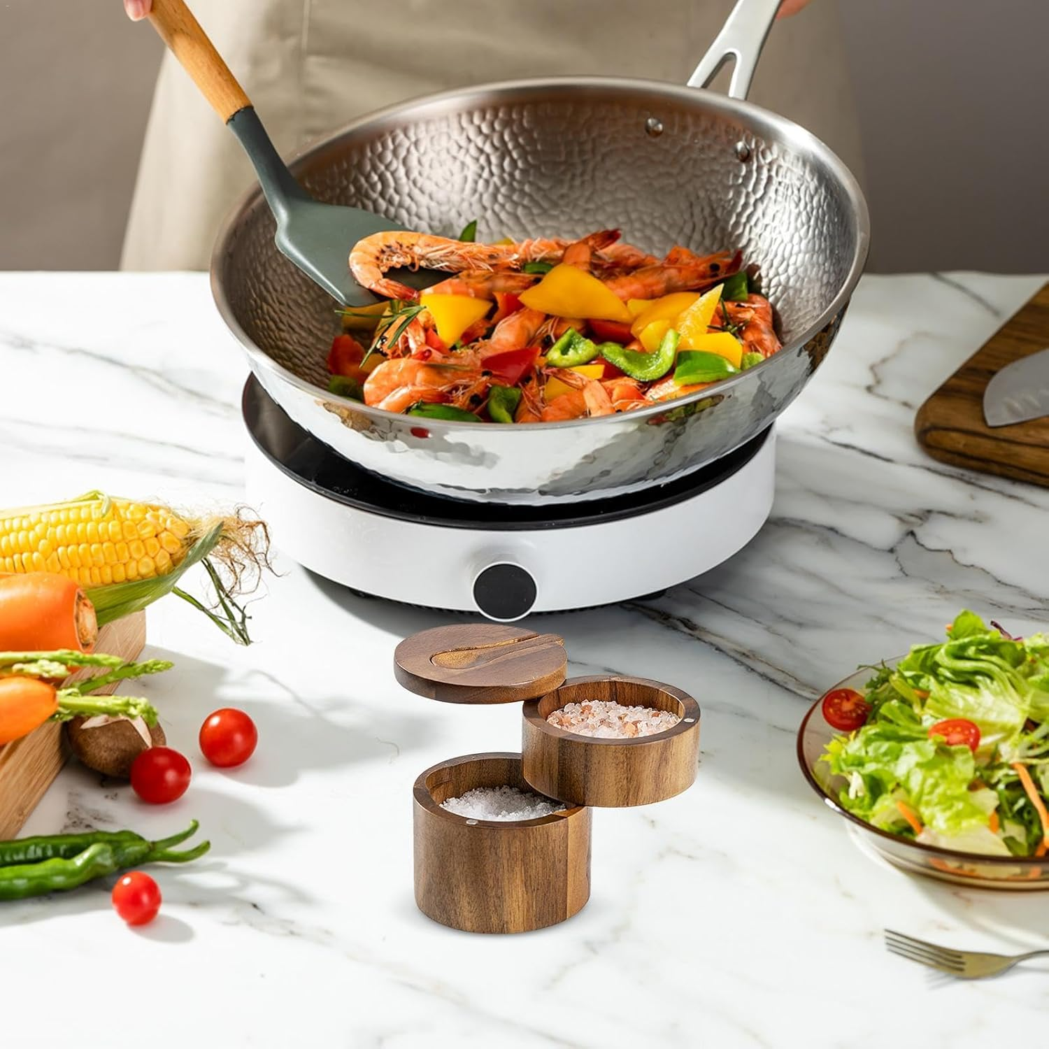 Wooden Salt Box,Storage Box Sea Salt Containers - Salt Keeper, round Kitchen Salt Holder, Salt Pepper Box with Double Layer for Kitchen Condiment