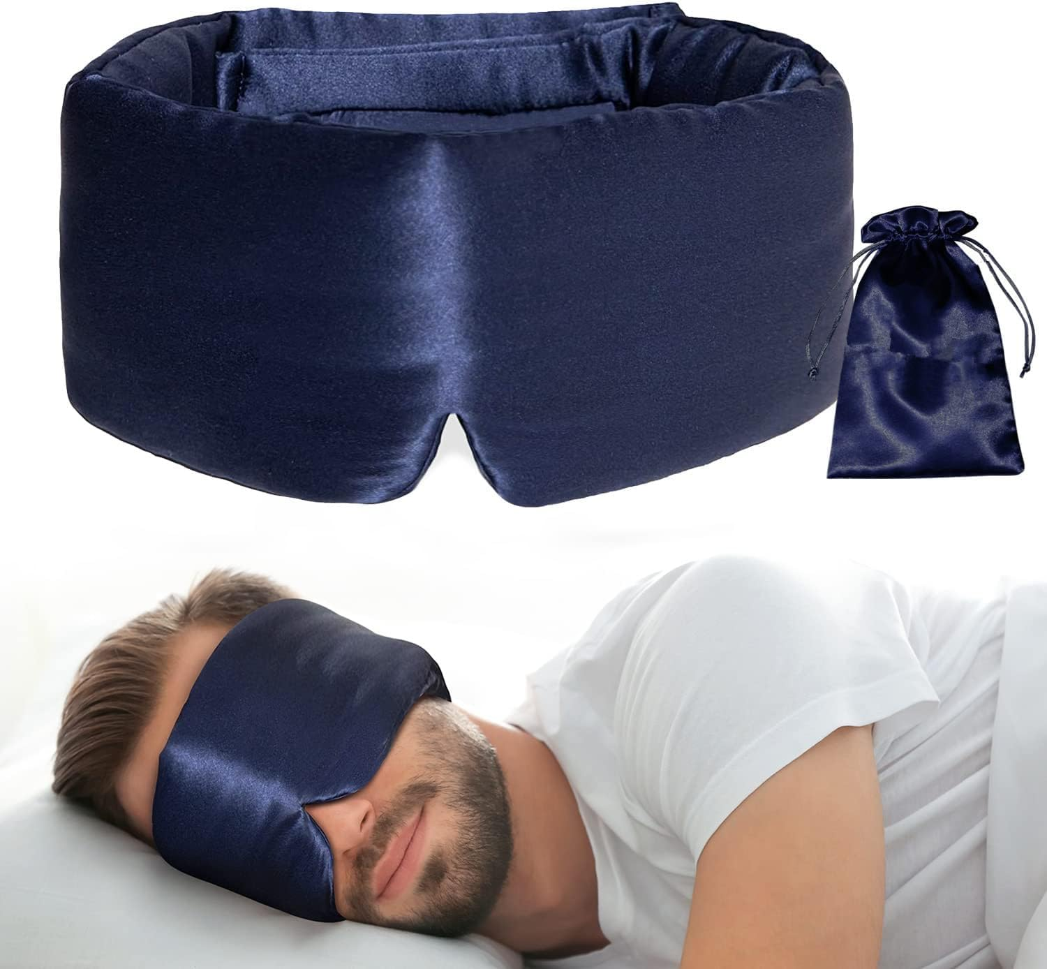 TCOTBE Silk Sleep Mask for Women Men, Mulberry Silk Eye Sleeping Mask & Blindfold with Adjustable Velcro Strap, Blackout Eye Cover for Sleep Travel Yoga Nap, Large Size, Navy Blue image number 4