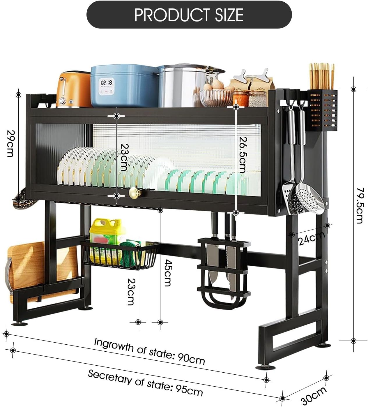 3 Tier over Sink Dish Rack Steel Dish Drainer Dish Drying Rack with Lid Kitchen Counter Storage Organization Adjustable Length 90-95Cm image number 6