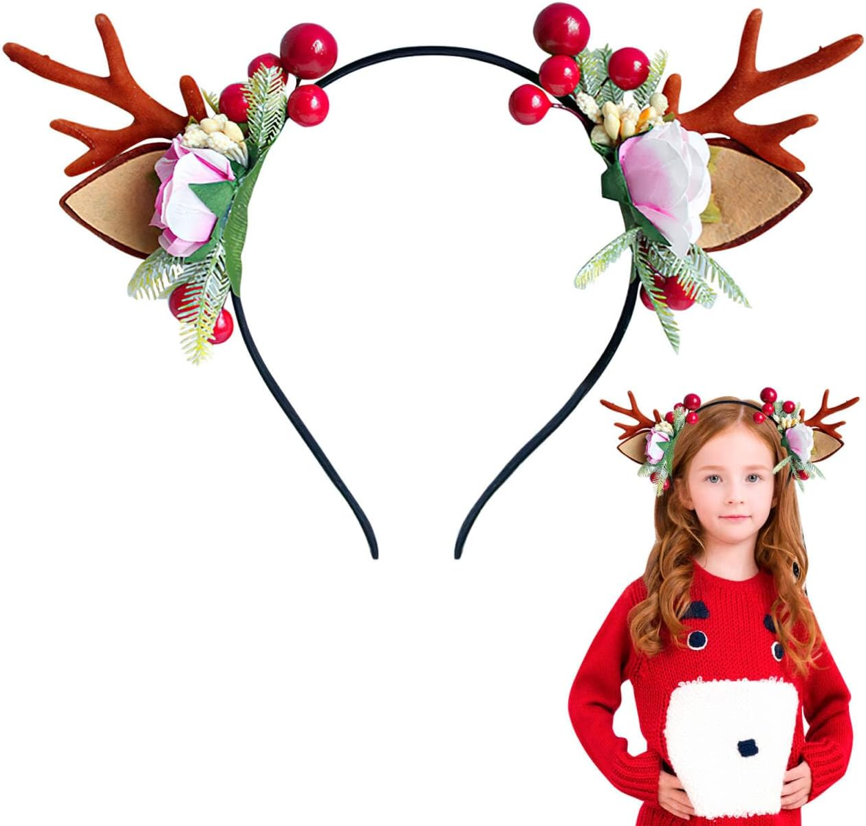 Christmas Antlers Headband, Reindeer Ears Headband, Antlers Floral Hair Band for Christmas Party, Christmas Hair Band, Christmas Party Headpiece for Women Girls, Christmas Party Festival image number 2