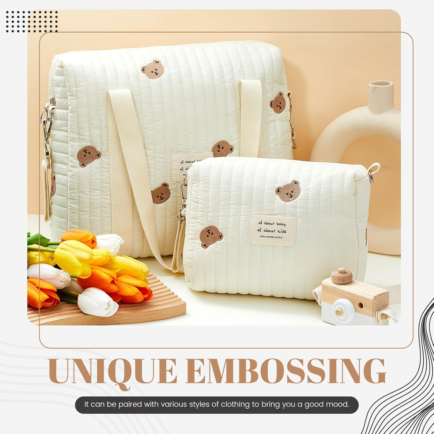 2 Pcs Diaper Bag Tote for Baby Small Multifunction Maternity Bag Quilted Cotton Cute Stroller Storage Bag Travel image number 5