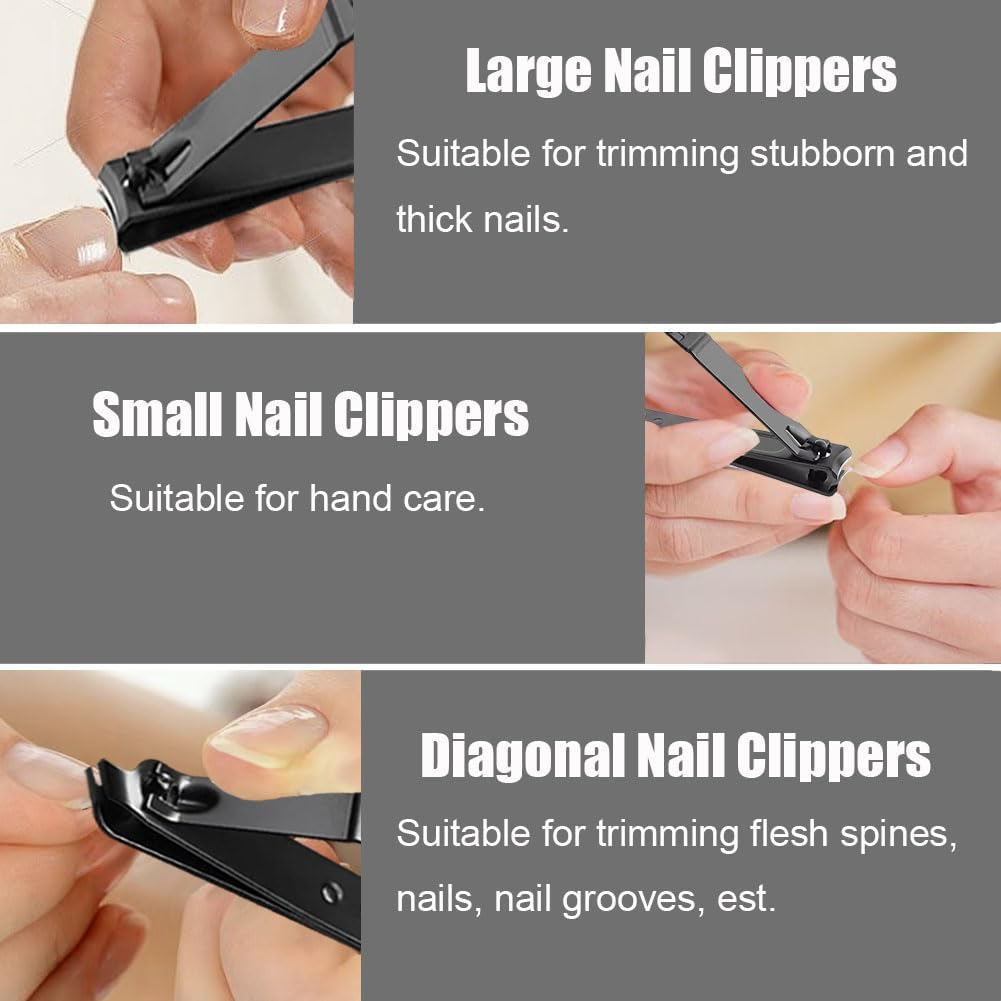 3PCS Nail Clipper Set,Stainless Steel Nail Trimmer with Metal Case for Trimming Toenails,Fingernails and Ingrown Nails,Home and Travel Use(Color:Black)