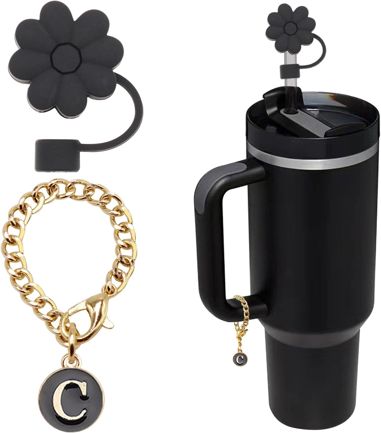 Stanley Cup Accessories, 1Pc Flower Stanley Straw Cover Silicone Straw Topper for Stanley 30&40 Oz Tumbler with Handle and 1Pc Initial Letter Charm for Stanley Cup (Letter J)