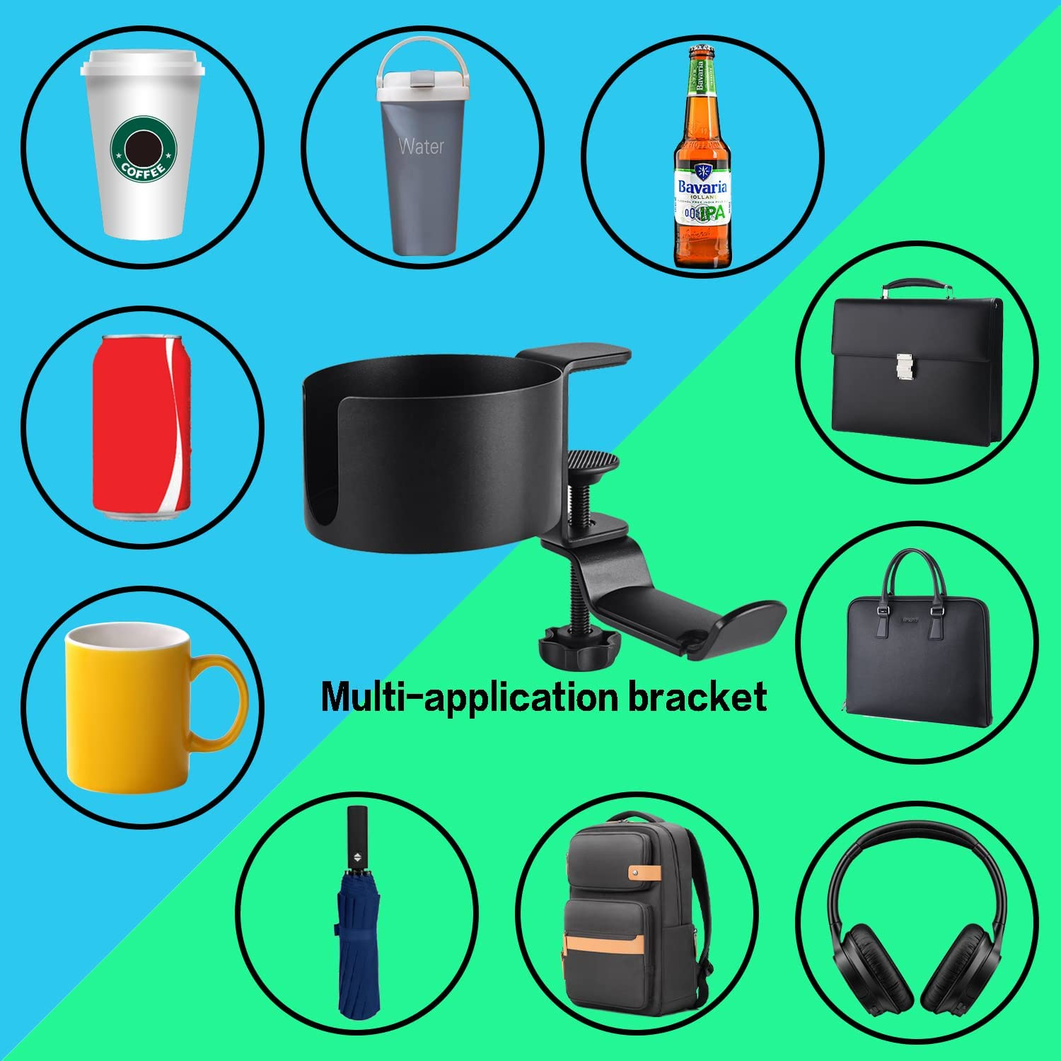 MAGGHEVI Headphone Holder,2 in 1 Anti-Spill Cup Holder with under Desk Headphone Hanger 360&deg; Adjustable & Rotating Arm Clamp Headset Stand,Organizer Accessories for Office or Gaming Room image number 3