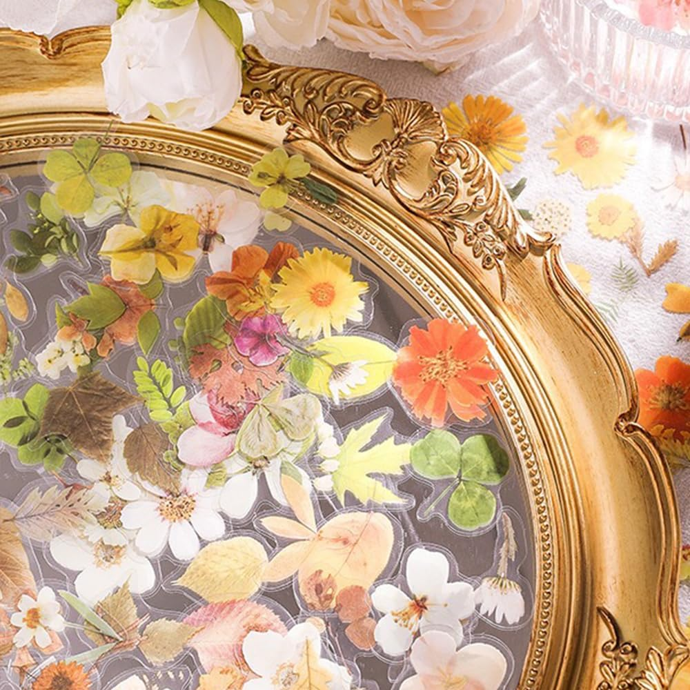 FRAINBOWZ 90Pcs Flower Sticker Scrapbook, Natural Transparent Flower Sticker Scrapbook for Craft Card Notebook Diary DIY Craft image number 3