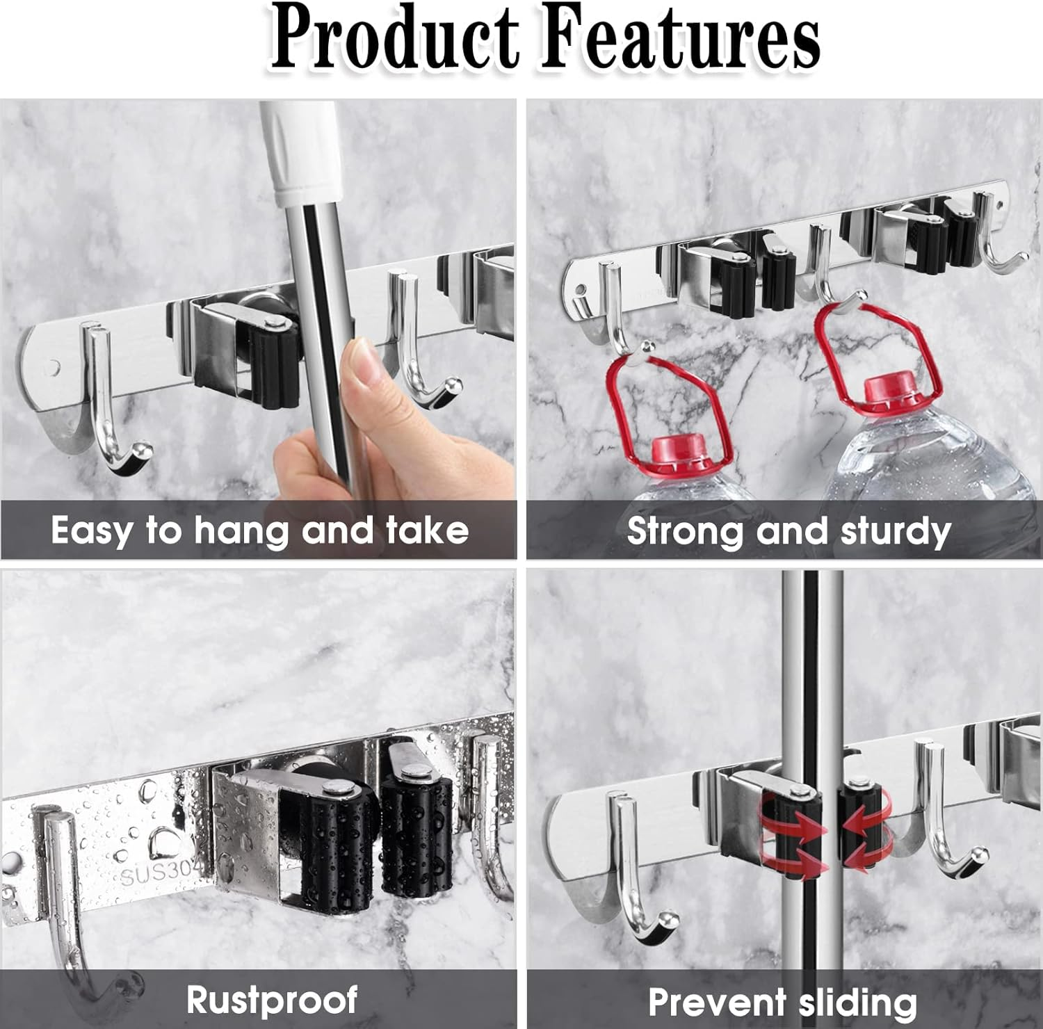 Broom and Mop Holder Wall Mounted Garage Organizer Storage Tool Racks Stainless Steel Heavy Duty Hooks Self Adhesive Solid Non-Slip Rustproof Durable Wall Hangers for Home, Kitchen, Garden, Laundry Room, Garage Organization and Storage (2 Racks & 3 Hooks) image number 3
