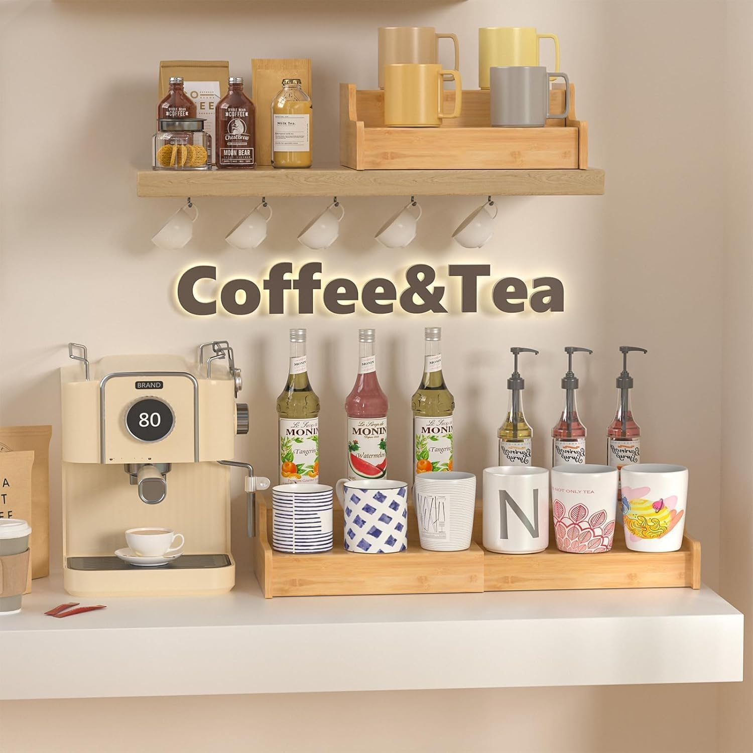 Spice Rack Kitchen Cabinet Organiser, 2-Tier Expandable Mug Organizer, Cup Organizer for Kitchen Cabinets, Bamboo Mug Cup Rack, Multi-Functional Cup Holder Shelf, Coffee Bar, Home image number 4