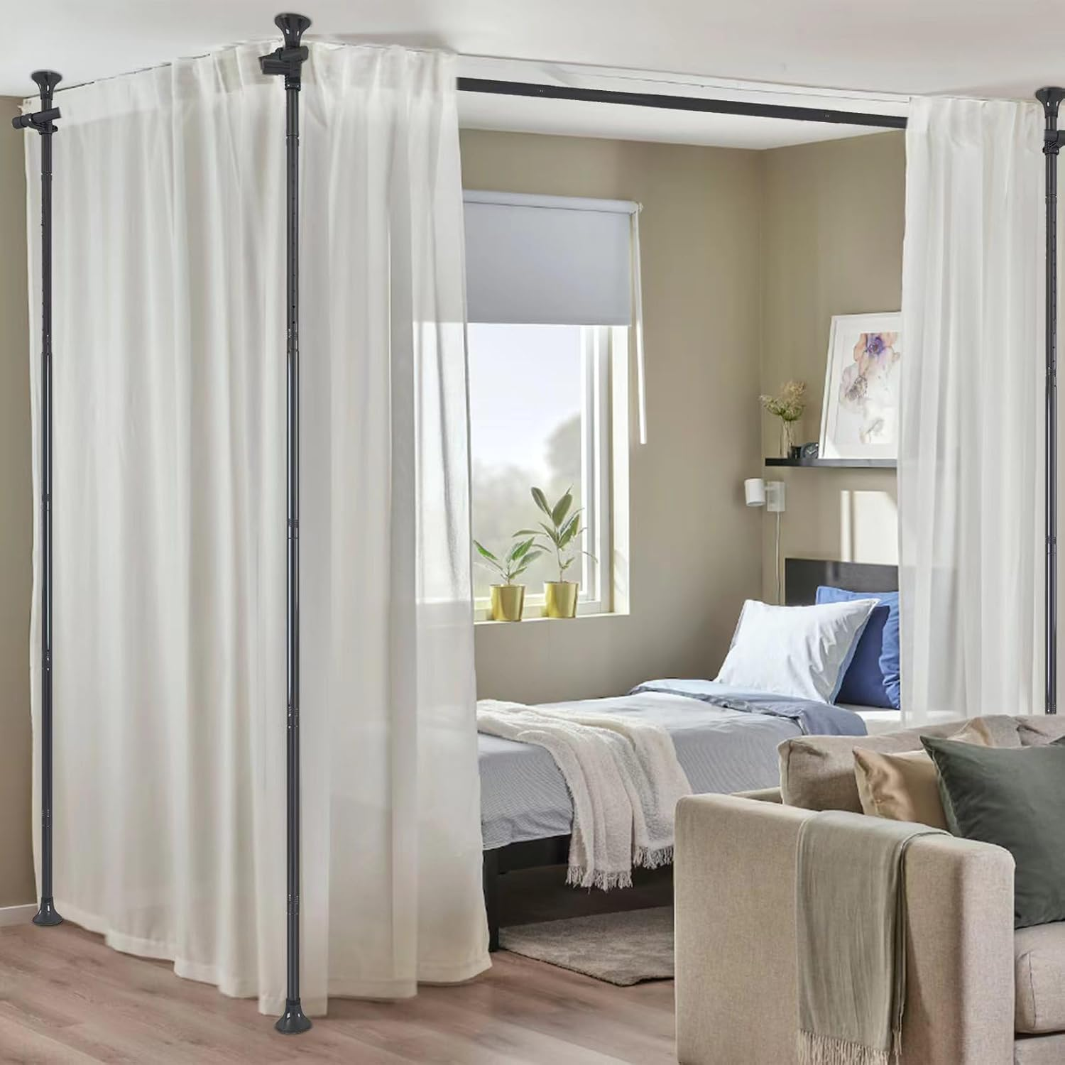 Room Divider, No Drilling Curtain Rods Hanging Wall Divider for Room Separation, 120&rdquo; Tall 114&rdquo; Wide Adjustable Floor to Ceiling Partition Room Dividers, Heavy Duty Corner Room Divider Curtain Rods