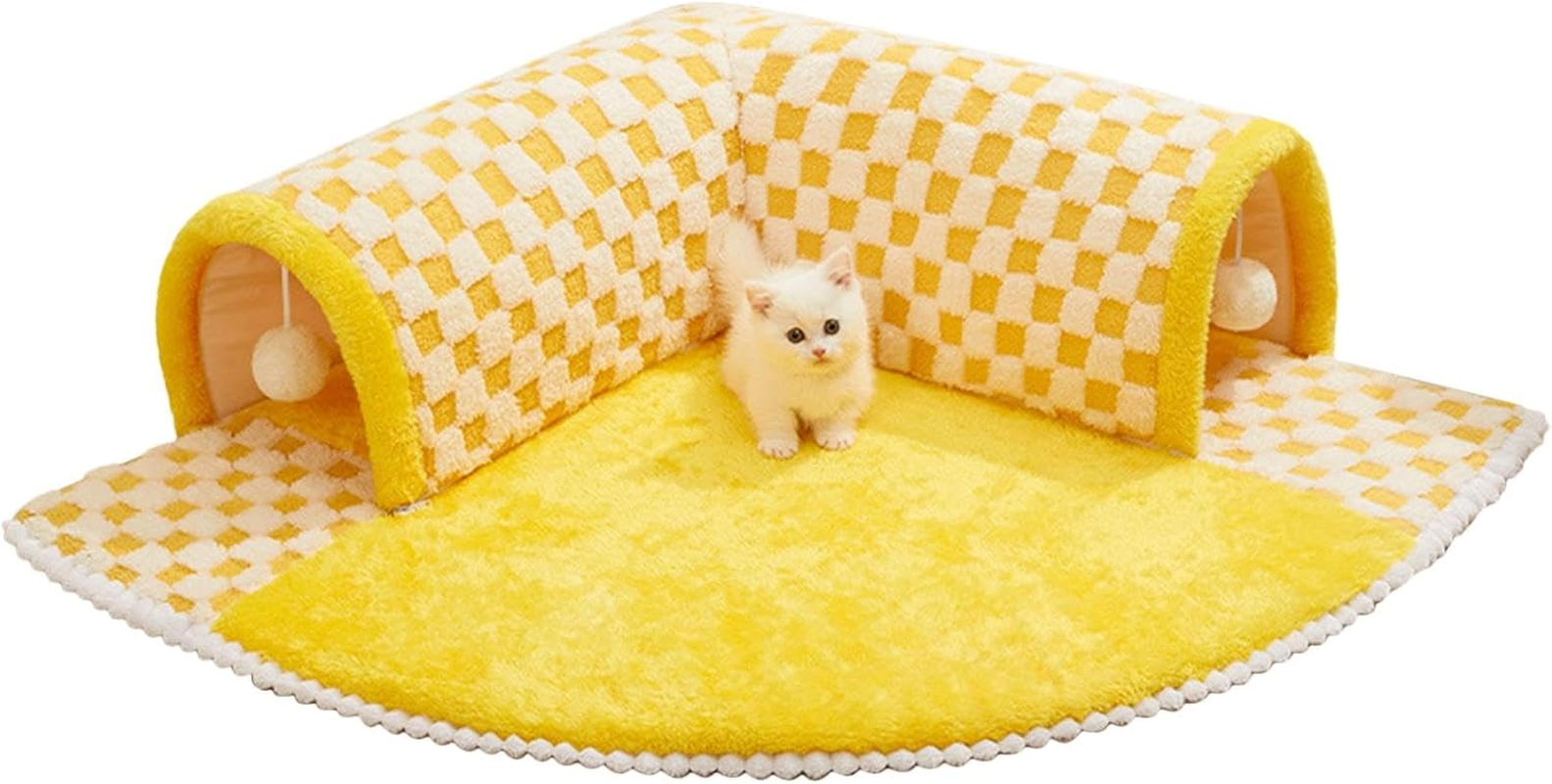 Fluffy Cat Bed with Tunnel | Interactive Pet Cave | Yellow Cat Bed Tunnel, Fluffy Square Tunnel, Cat Tunnel Bed for Indoor Cats, 2 in 1 Foldable Indoor Soft round Cat Tunnel Bed