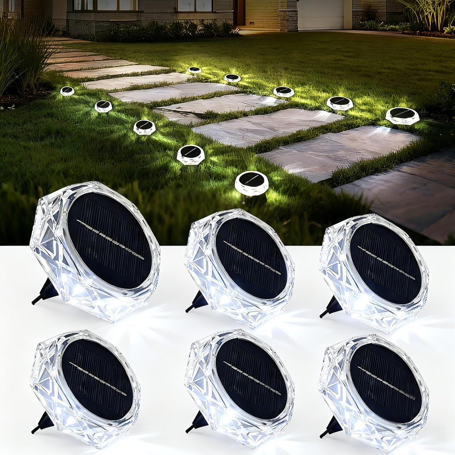 Hqynss Solar Lights Outdoor Garden, 6 Pack IP65 Waterproof Diamond LED Solar Ground Lights, 8 LED Disk Lights for Garden Pathway Lawn Patio Yard Landscape (Cool White) image number 1