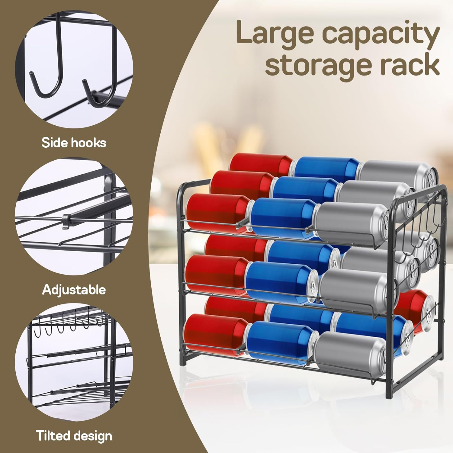 3 Tier Can Rack Organizer with Hook Stackable Tilted Can Storage Holder Carbon Steel Cabinet Organizer Adjustable Width Pantry Organiser Kitchen Storage and Organisation for Small Pantry Countertop image number 6