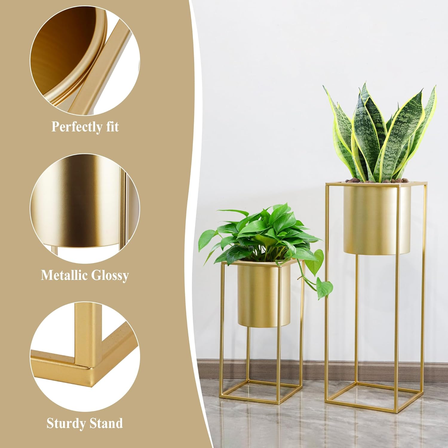 TRIROCKS Set of 2 Large Planters with Stand Gold Planter for Indoor Plants 28 &18" H Morden Plant Pots for Living Room Corner Kitchen Office Garden Balcony Patio Decor(Gold) image number 6