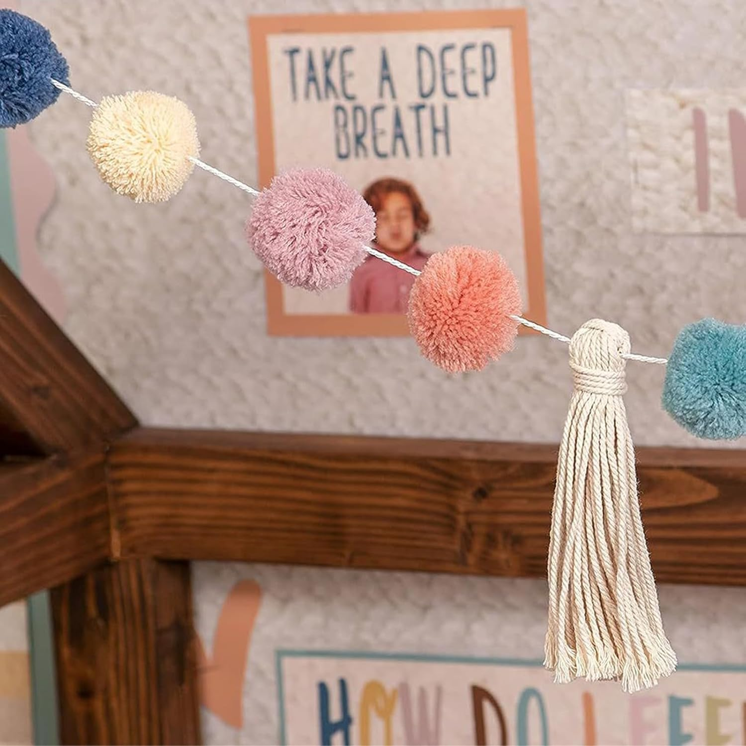 Pom Pom Garland for Classroom Boho, 74.8 Inch 16 Felt Ball Bulletin Board Garland, Colorful Yarn Tassel Banner Garland, Hanging String Decorations for Party Desk Nursery Wall Decor (Black & White) image number 4