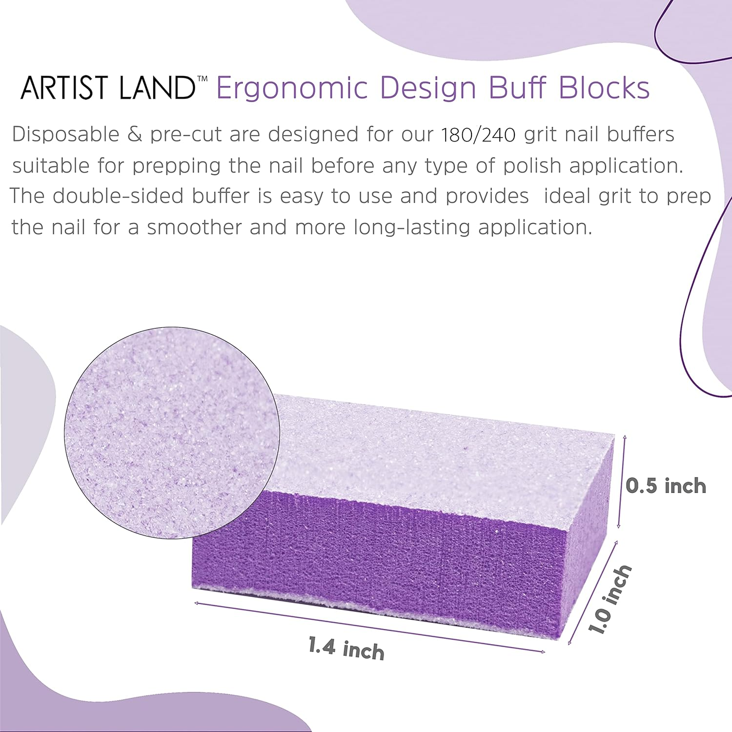Artist Land Purple Mini Buffer Set 180/240 Grit &ndash; 50 Ct - Professional Grade Salon Quality Nail Buffing Blocks Pack for Pre-Application of Polish, Gel, Acrylic, Double-Sided Buffer Blocks image number 1