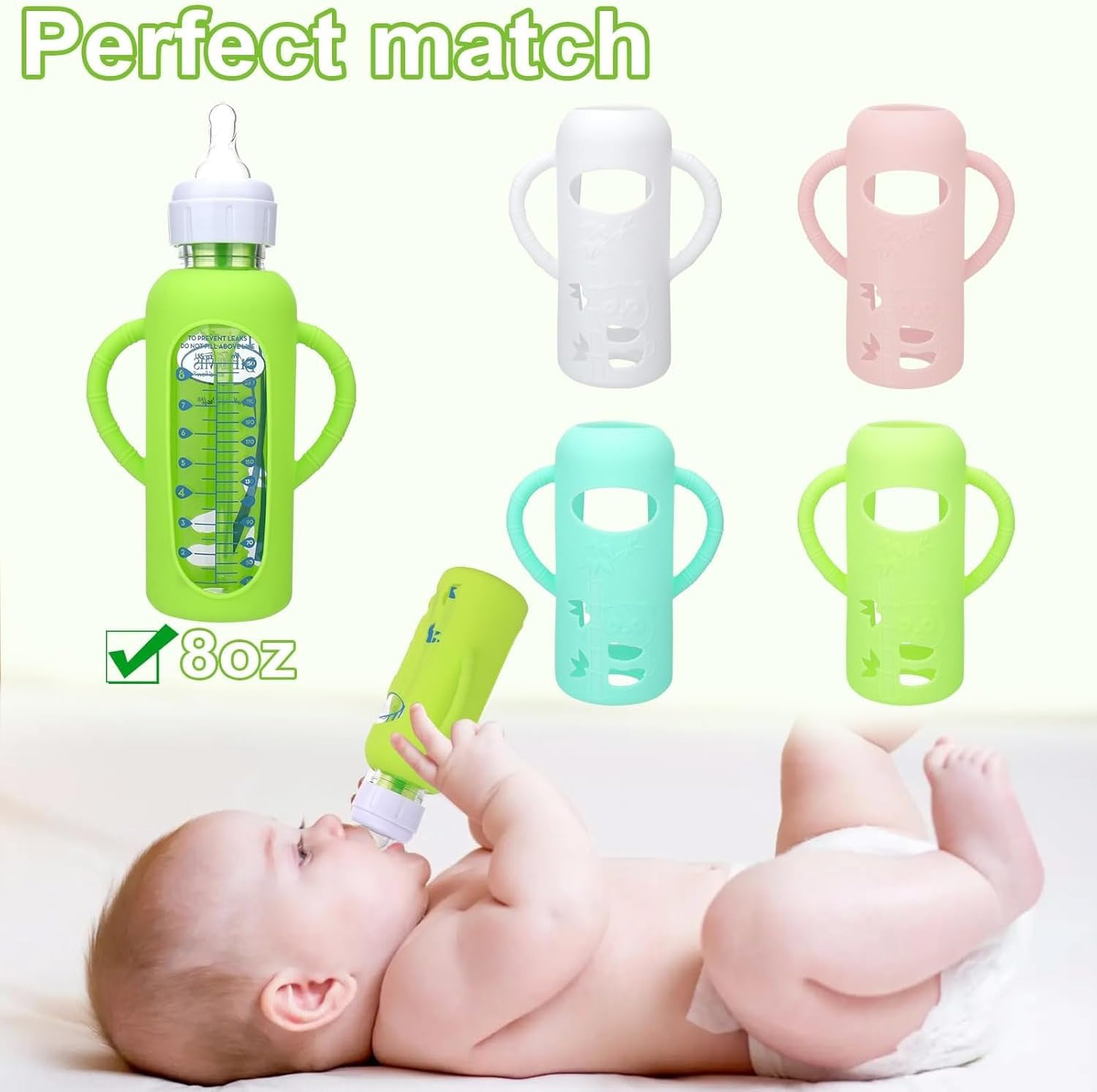 4 Pack Silicone Sleeves for Dr. Brown'S Glass Bottles 4OZ - anti Breakage Baby Bottle Holder, Compatible with Dr. Brown'S Glass Bottles for Babies (8OZ with Handle) image number 1