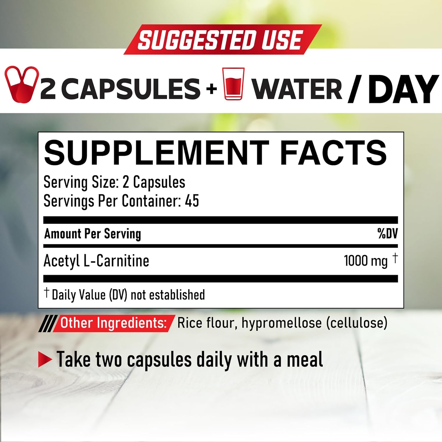 Acetyl L-Carnitine Supplement 1000Mg - 90 Capsules for 45 Servings image number 6